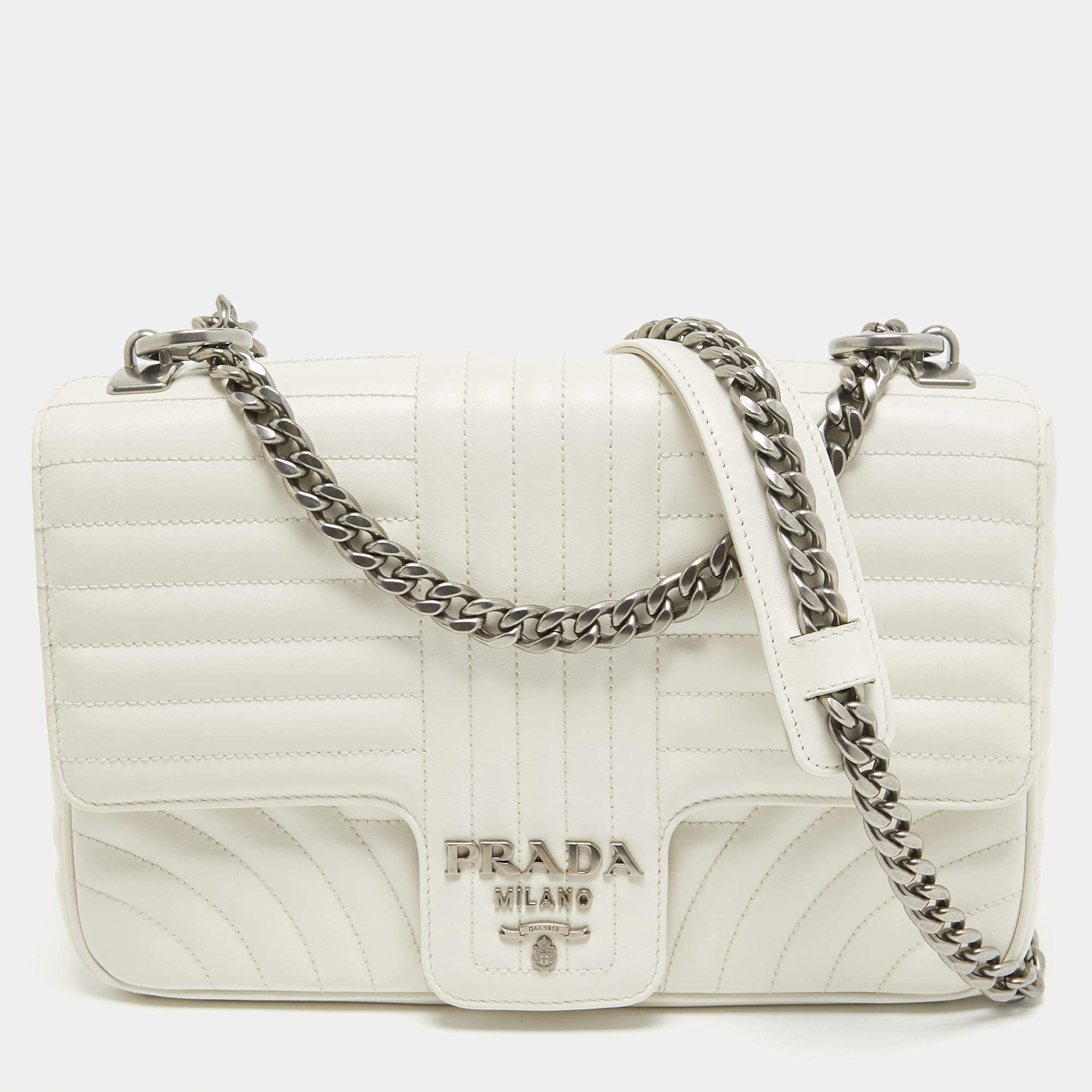 Prada White Diagramme Leather Flap Crossbody Bag
