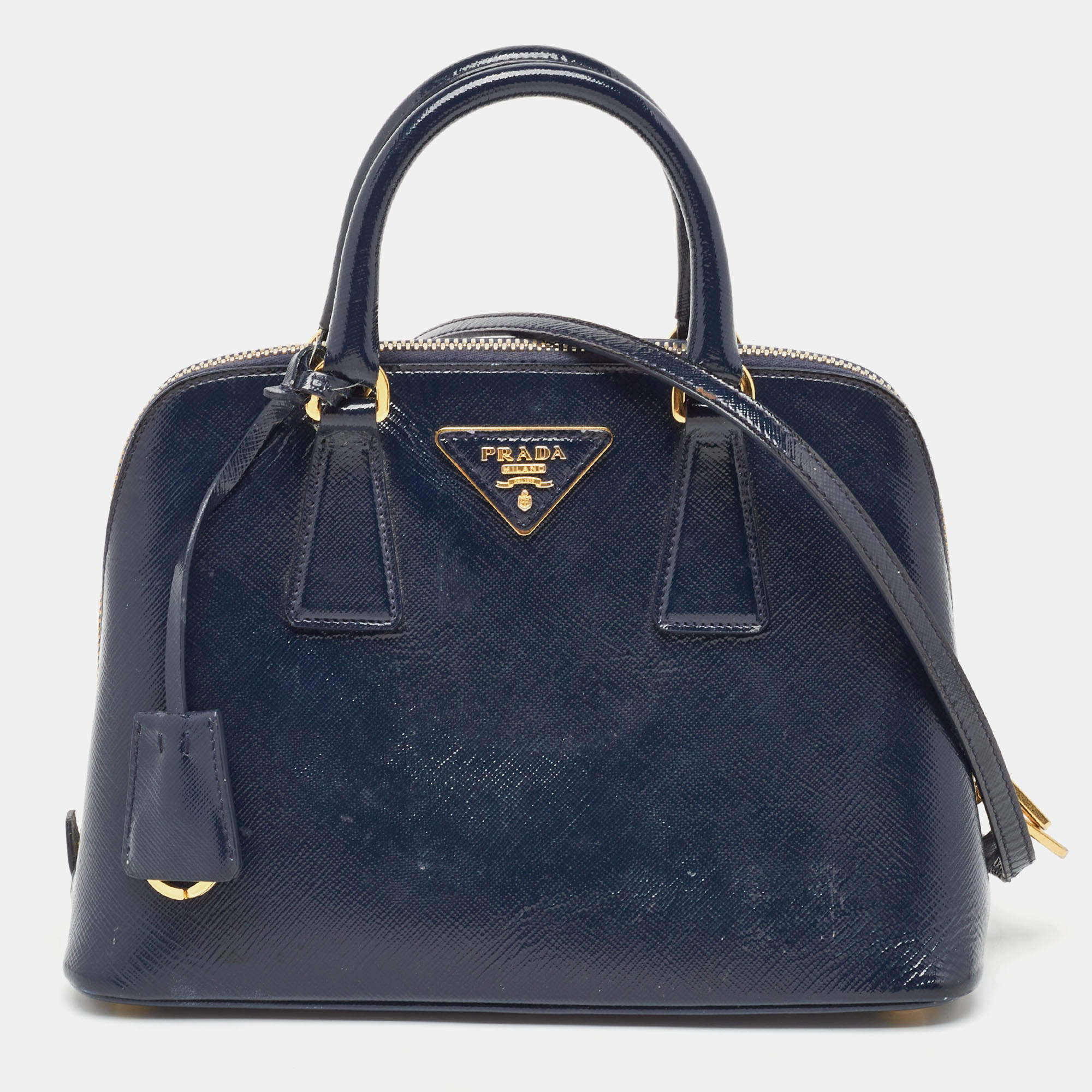 Pre Owned Prada Navy Blue Saffiano Patent Leather Small Promenade Satchel