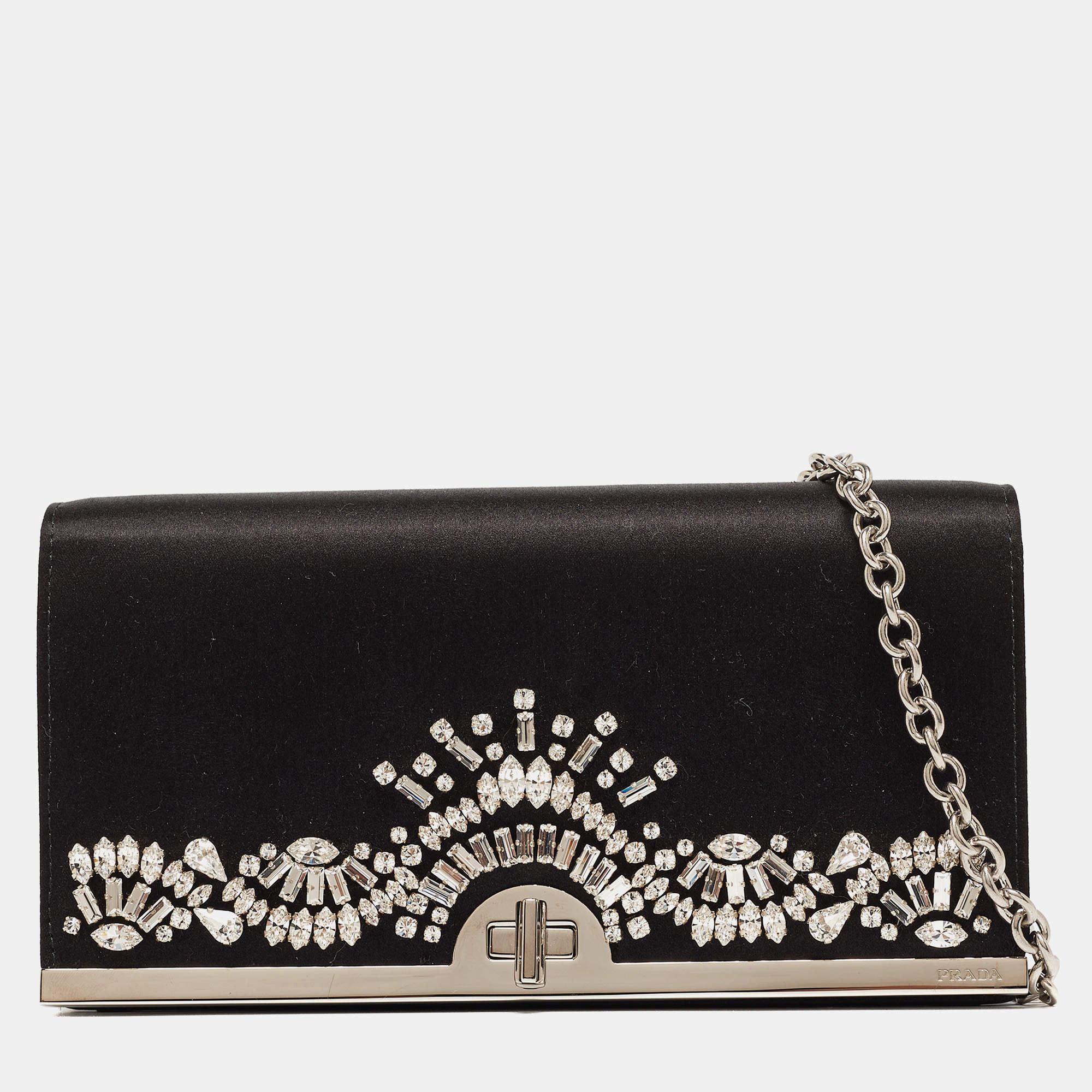 Prada Black Satin Crystals Embellished Flap Chain Clutch