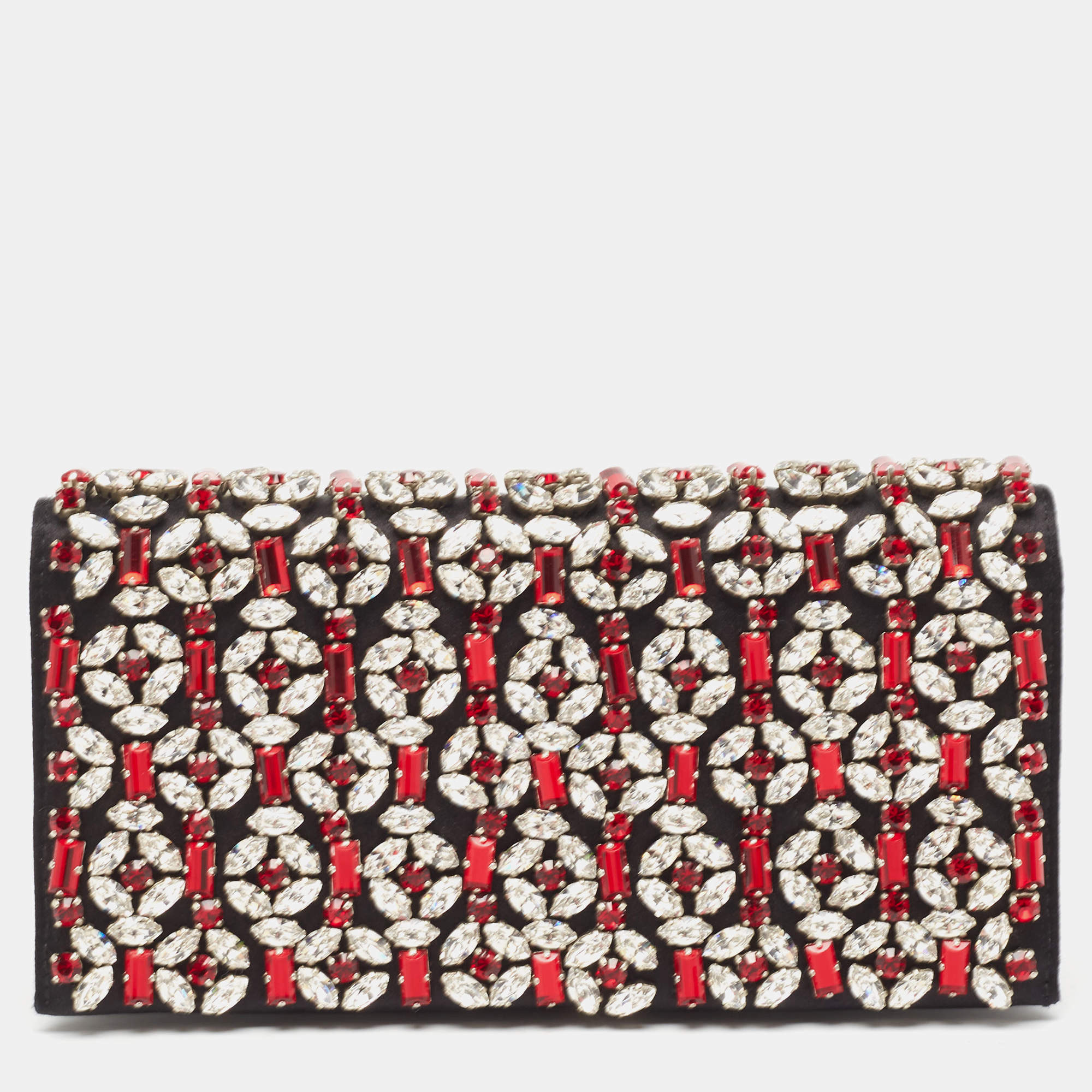 Prada Black/Red Satin Crystals Embellished Flap Clutch