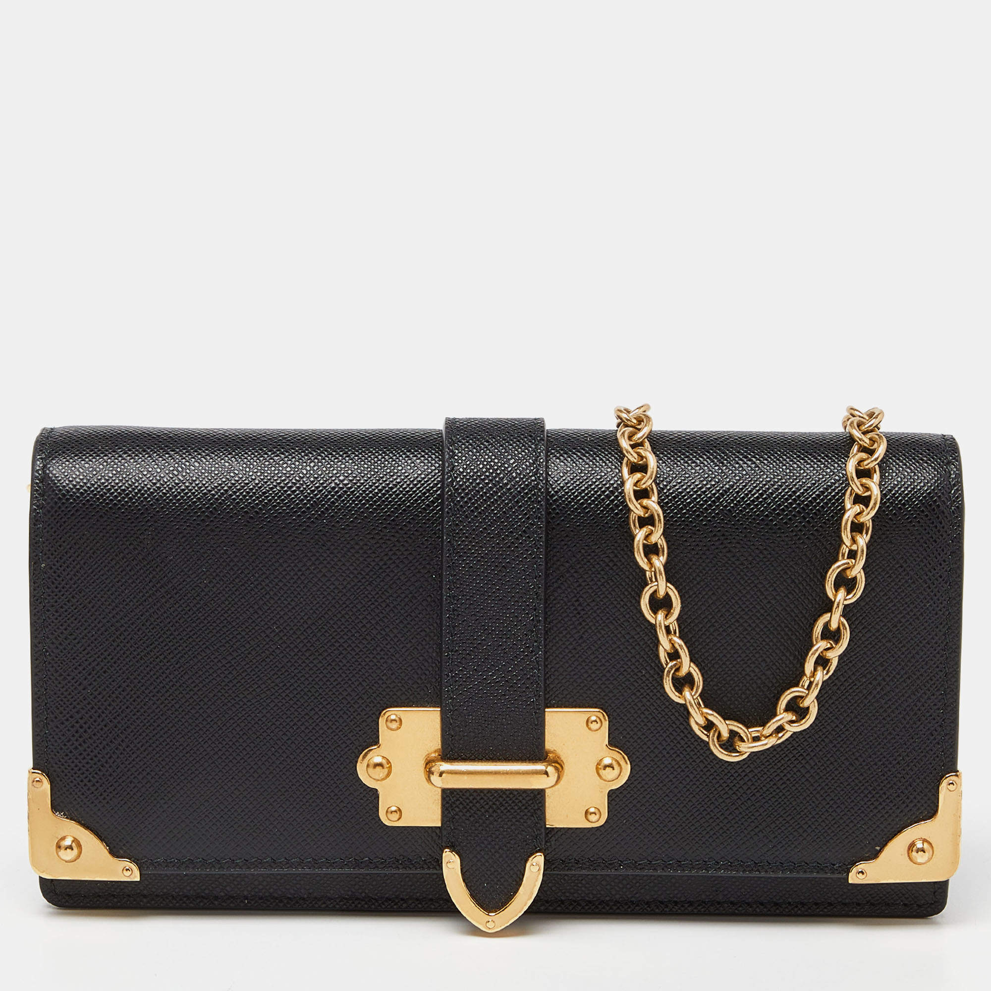 Prada Black Saffiano Leather Cahier Wallet on Chain