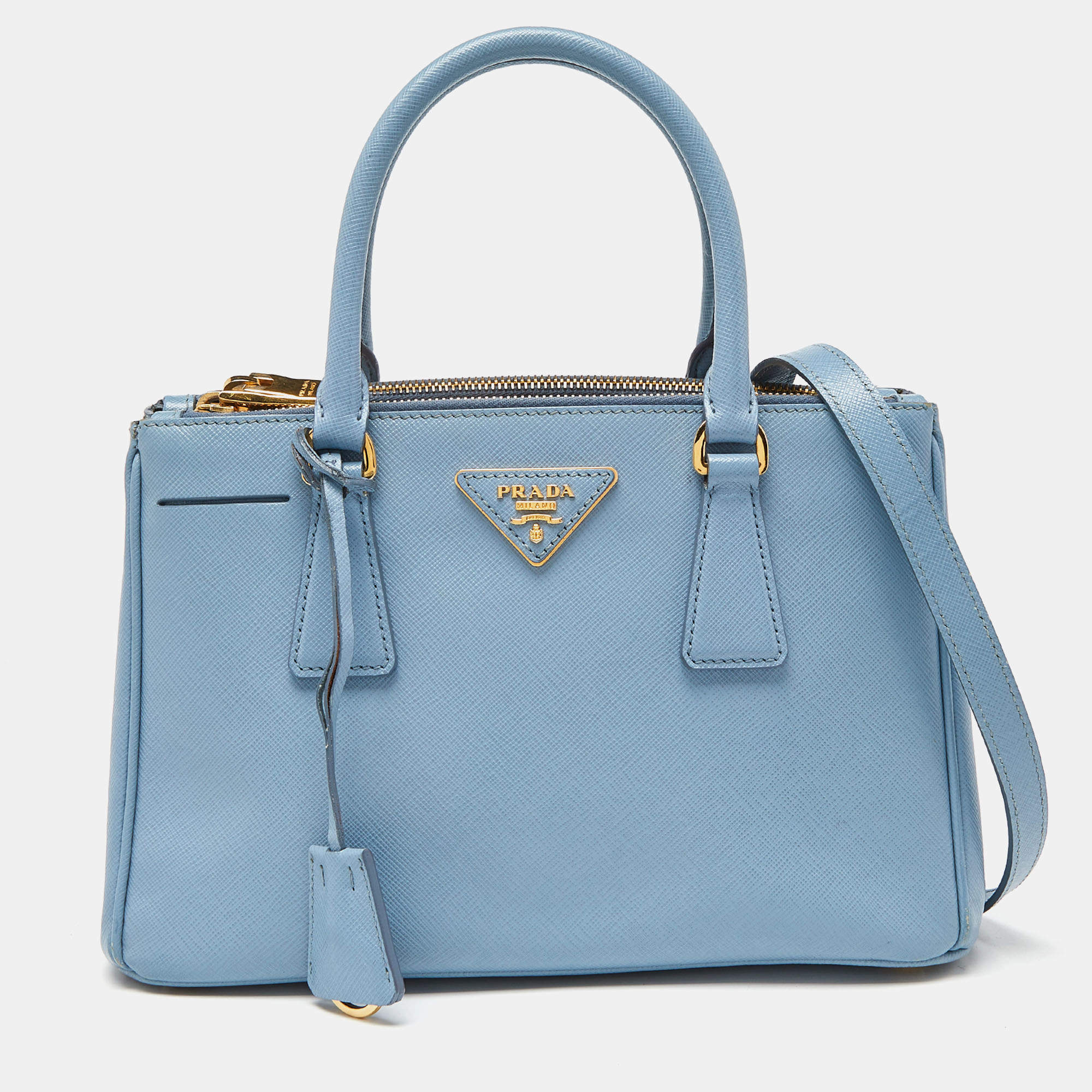 Pre Owned Prada Blue Saffiano Lux Leather Small Double Zip Tote