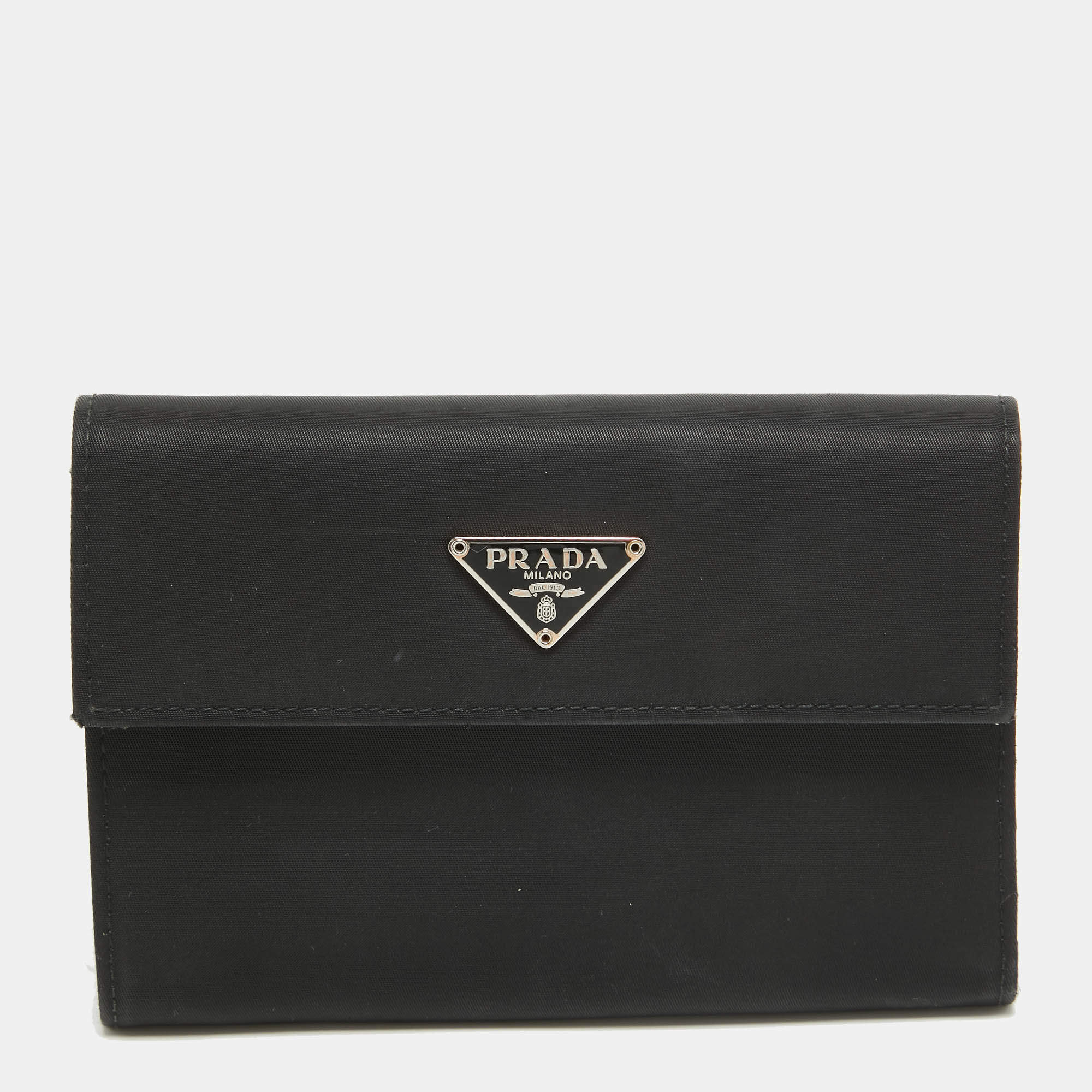 Pre Owned Prada Black Nylon Logo Flap Trifold Wallet