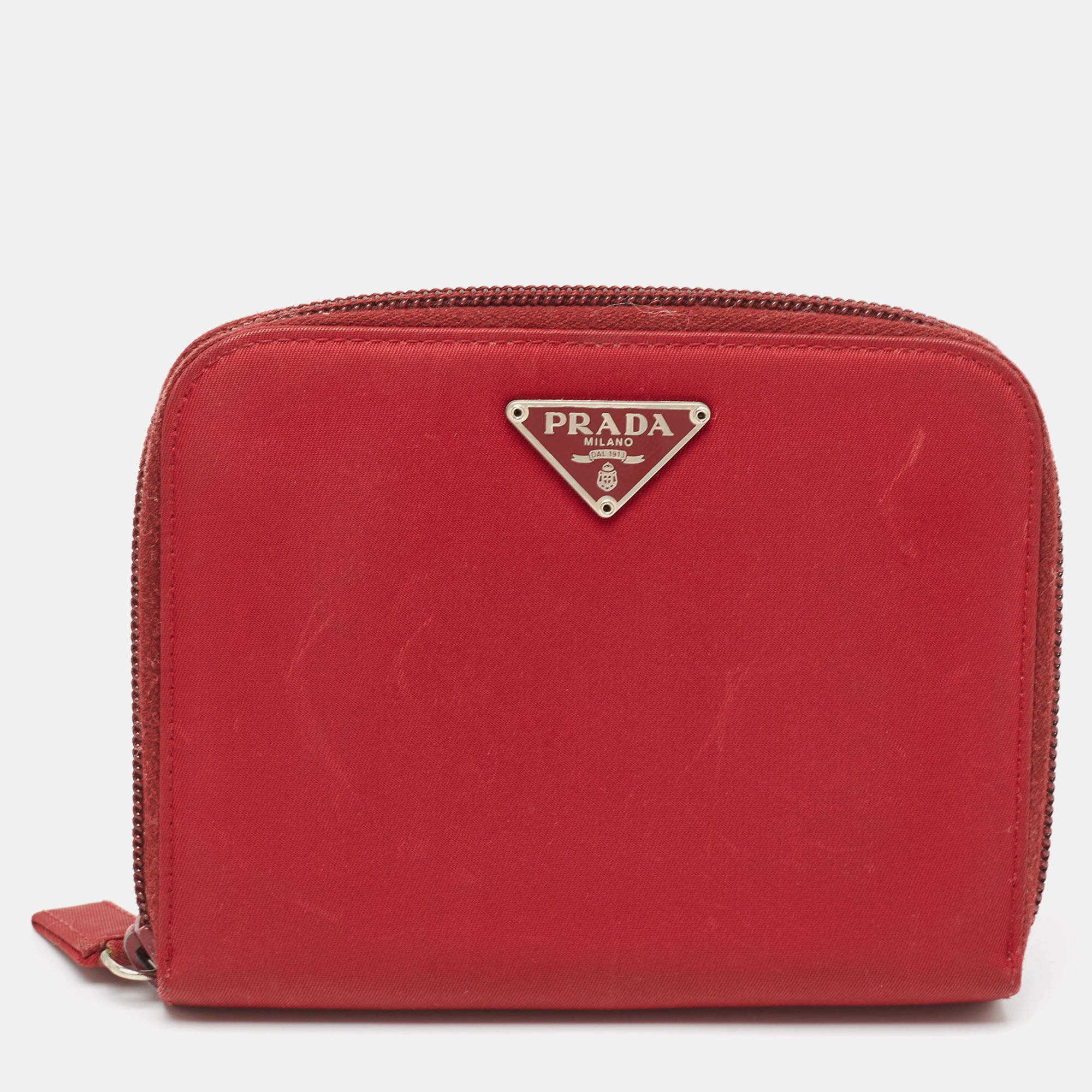 Pre Owned Prada Red Nylon French Flap Wallet