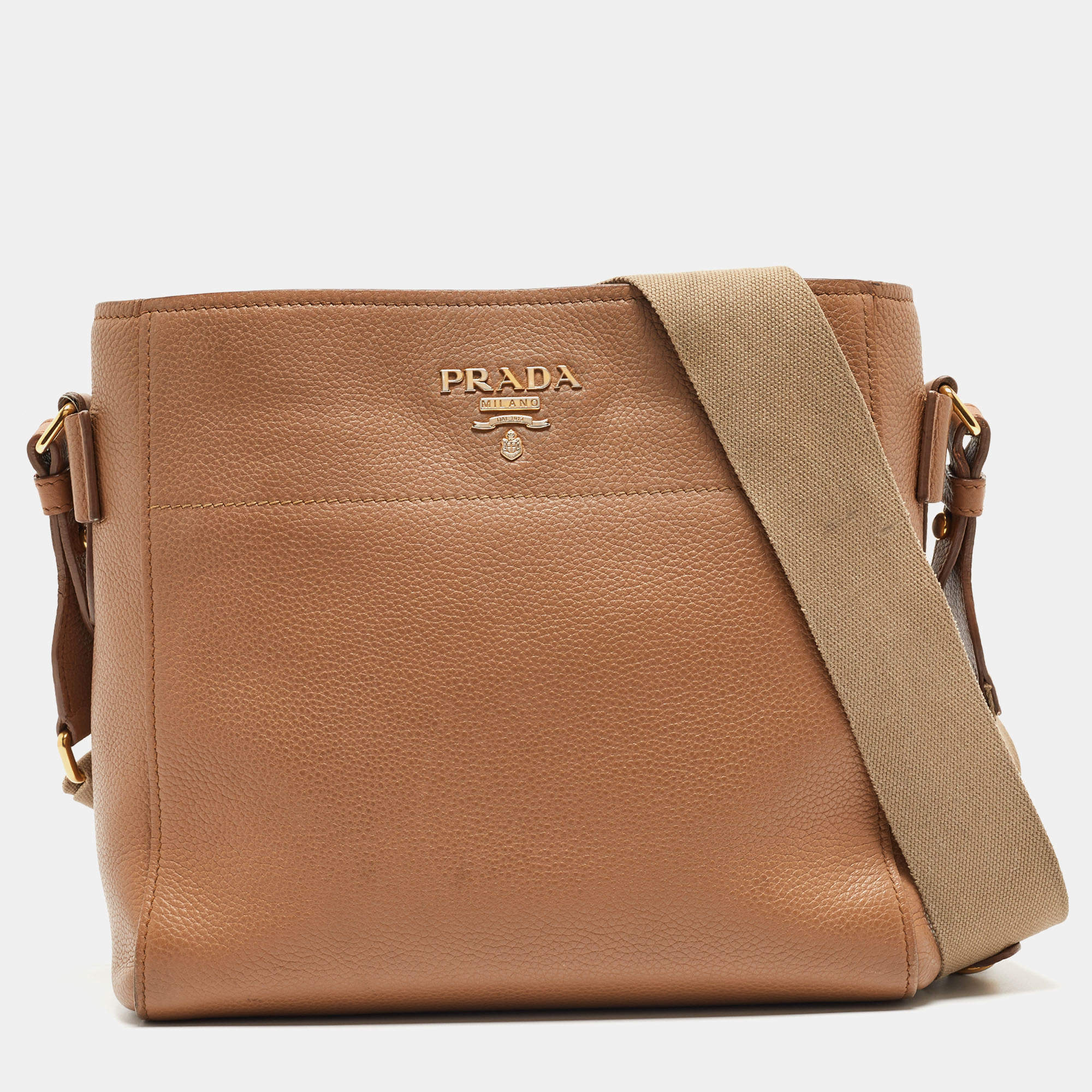 Prada Brown Vitello Daino Leather Logo Shoulder Bag