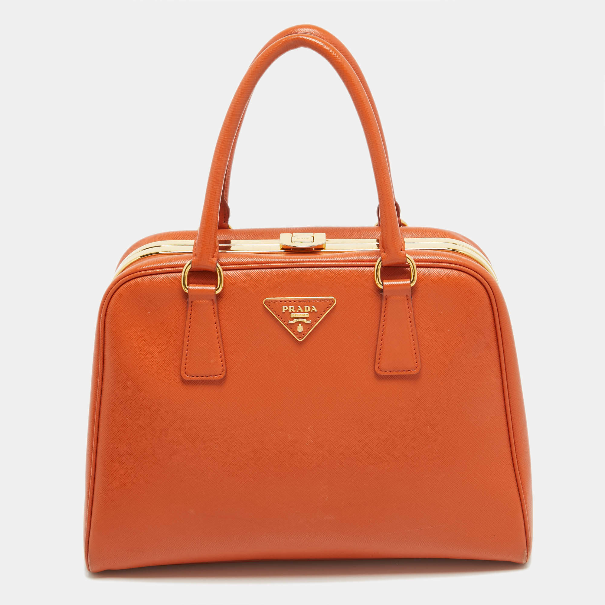 Pre Owned Prada Orange Saffiano Lux Leather Pyramid Frame Satchel