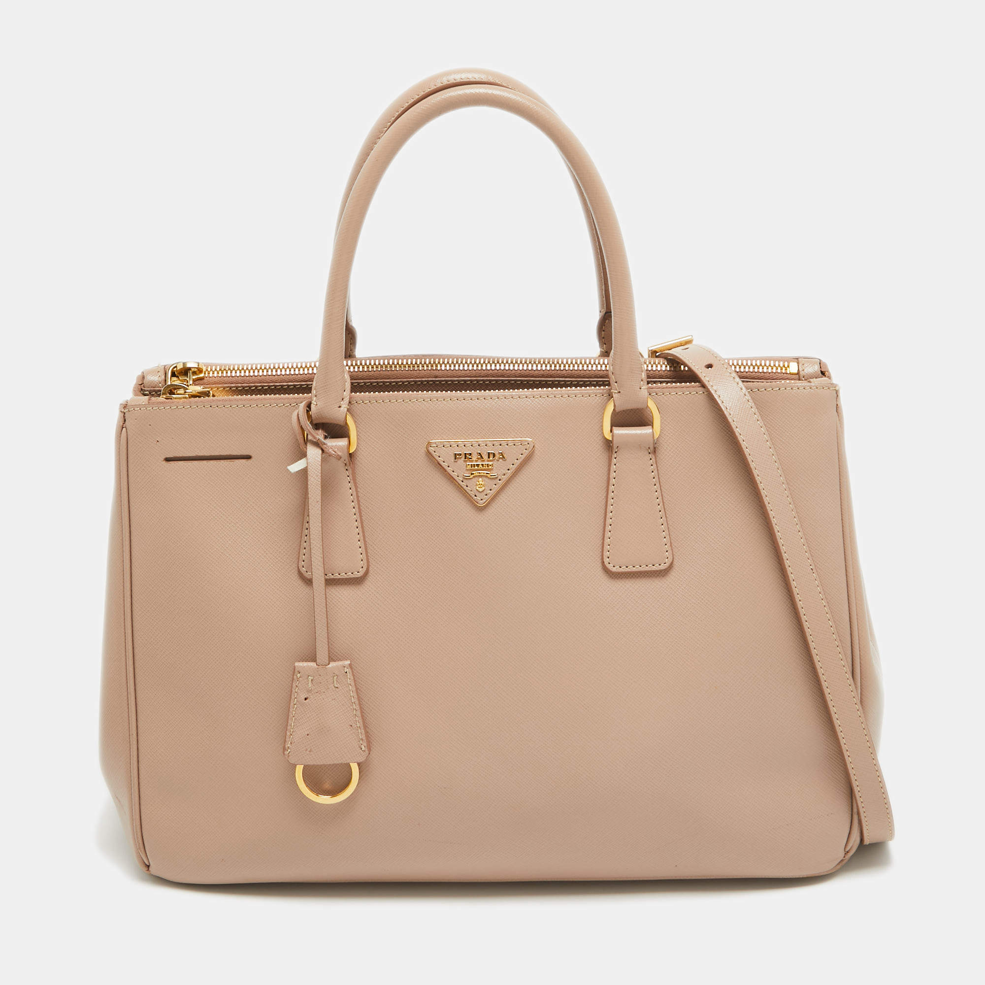 Prada Rose Poudre Saffiano Lux Leather Medium Double Zip Tote