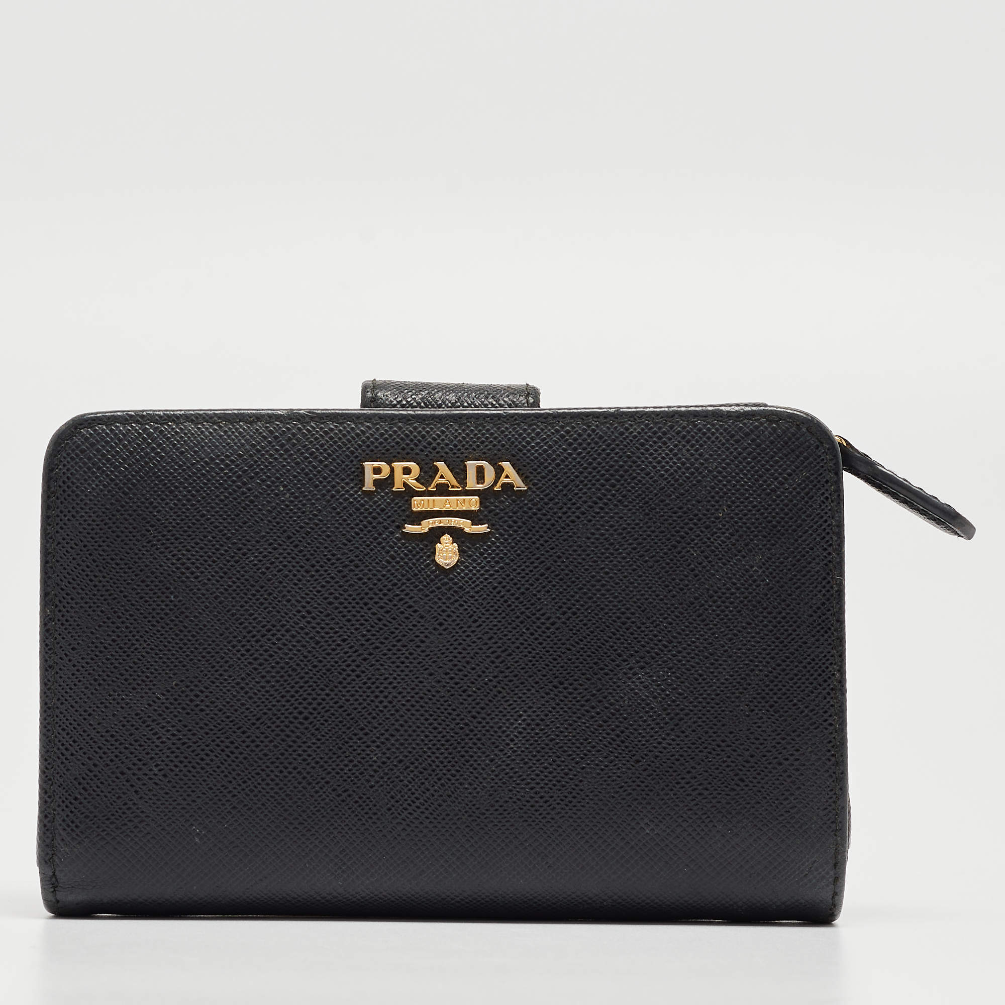 Pre Owned Prada Black Saffiano Leather Zip Around Compact Wallet