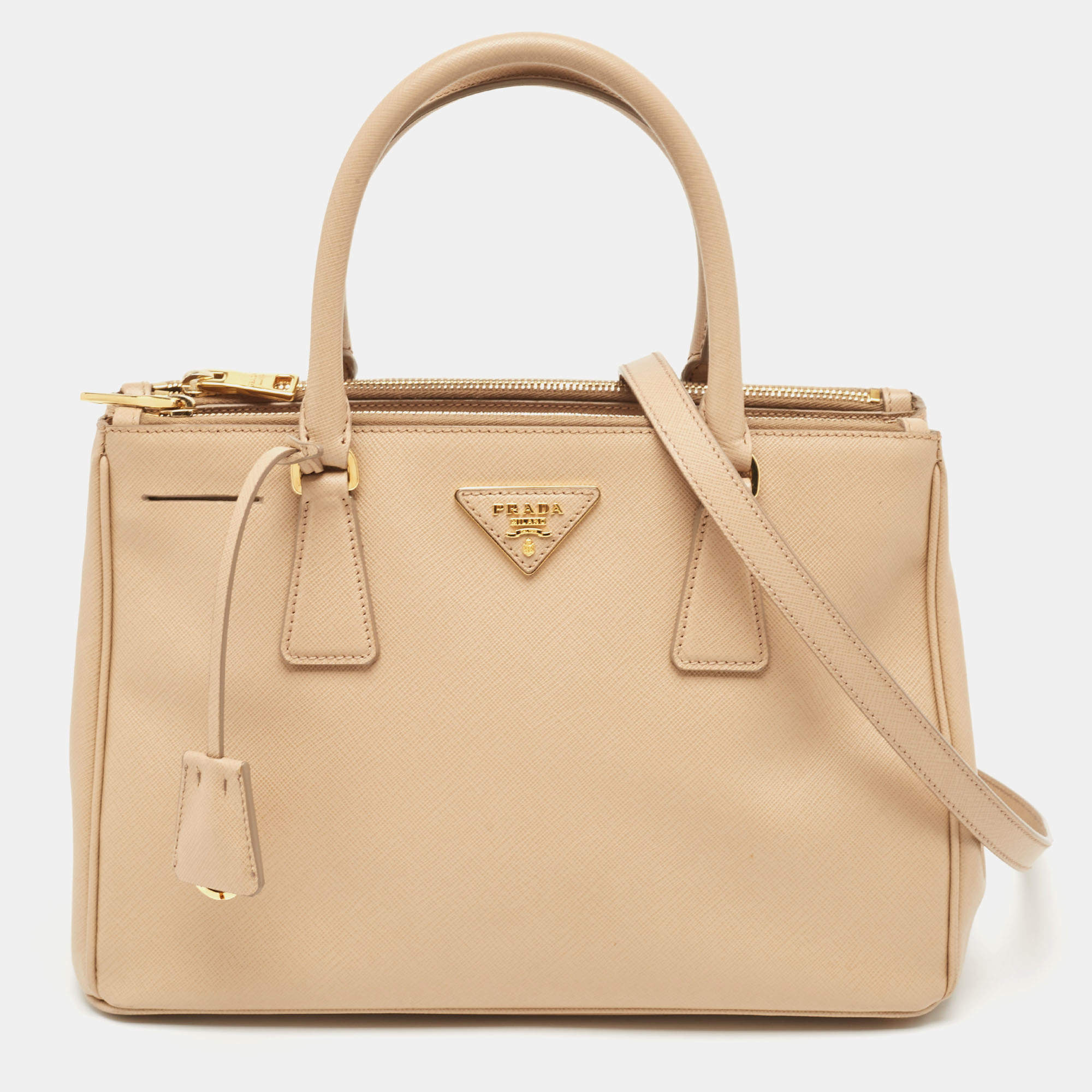 Pre Owned Prada Beige Saffiano Lux Leather Small Double Zip Tote