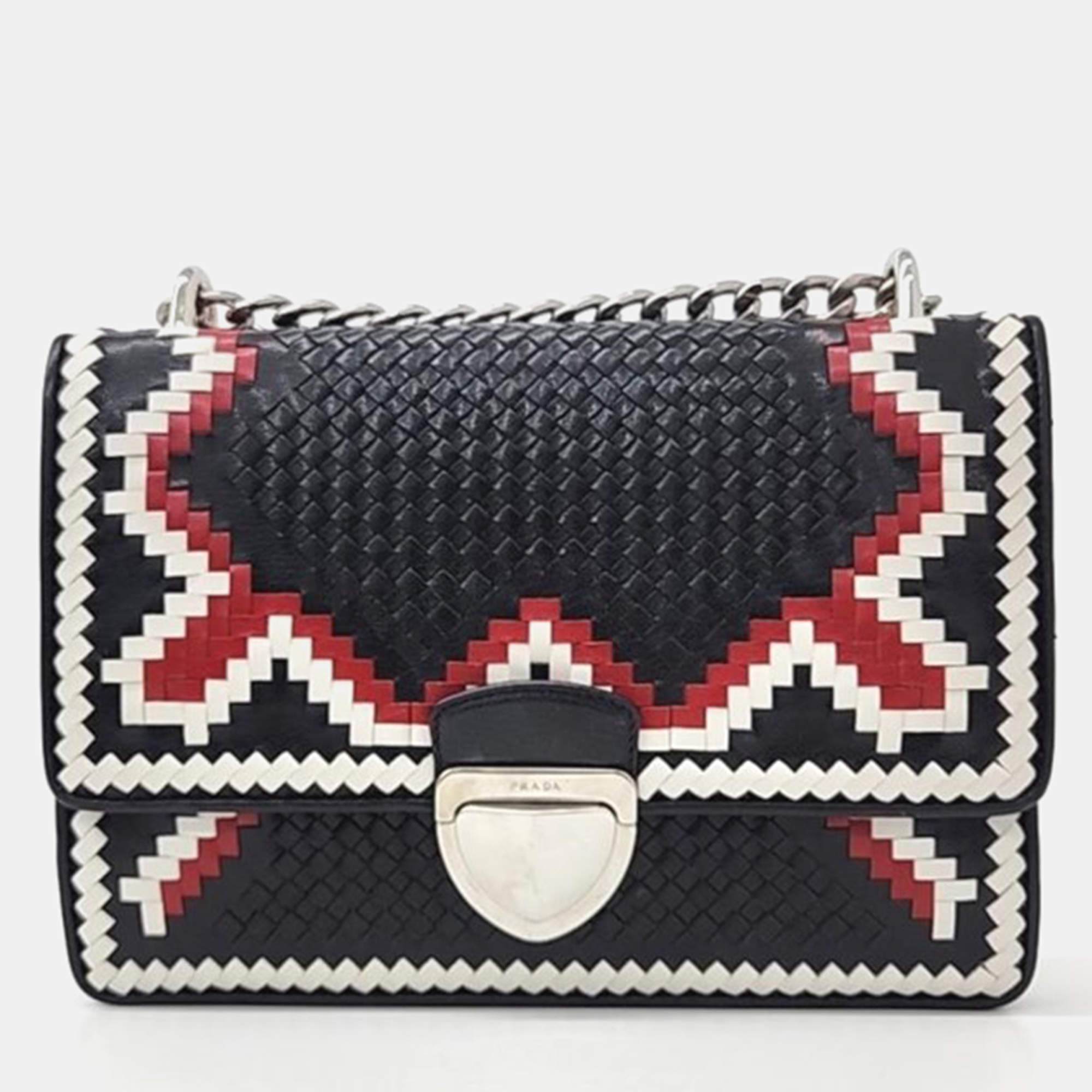 Pre Owned Prada Black Mesh Madras Chain Shoulder Bag