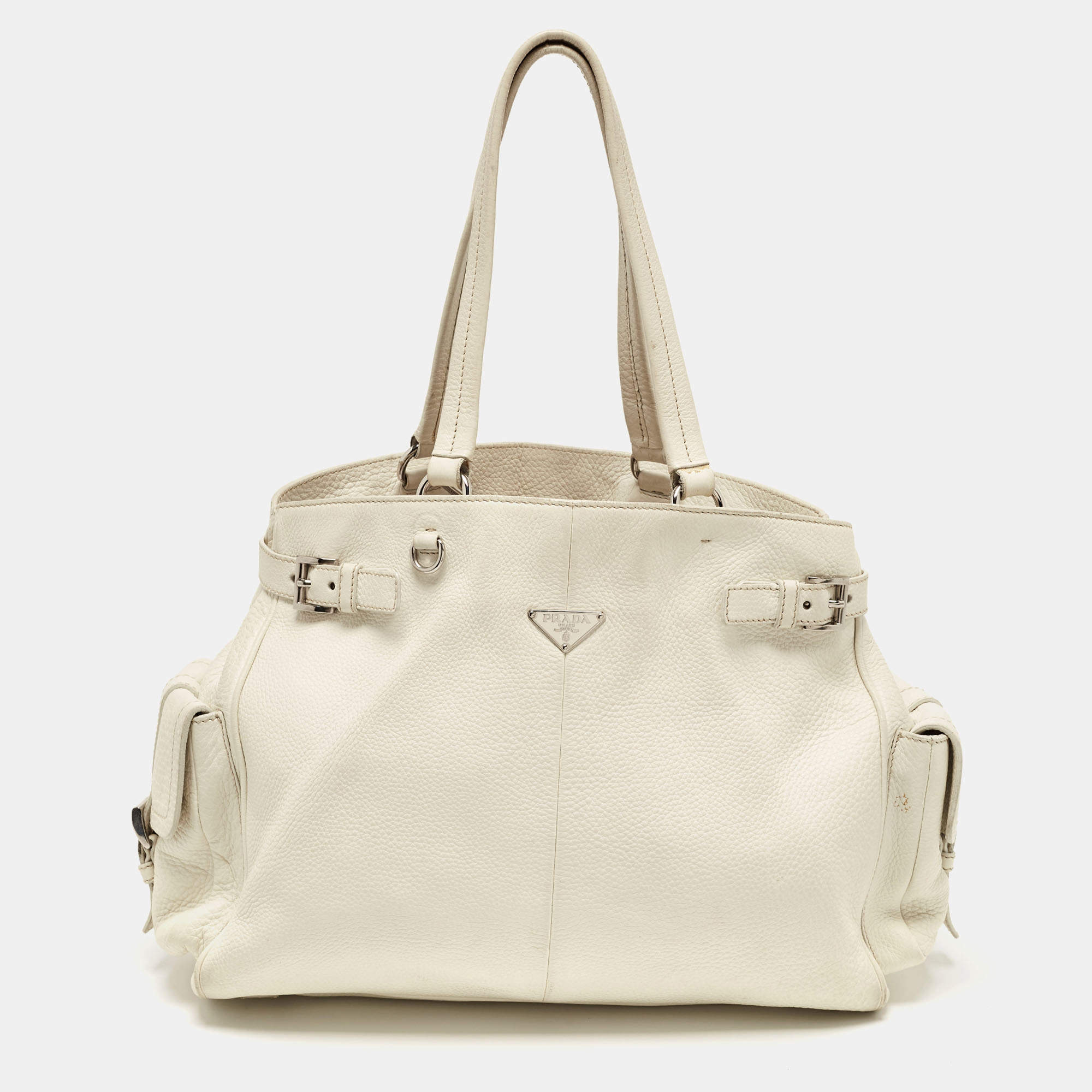 Pre Owned Prada Off White Vitello Daino Leather Side Pockets Tote
