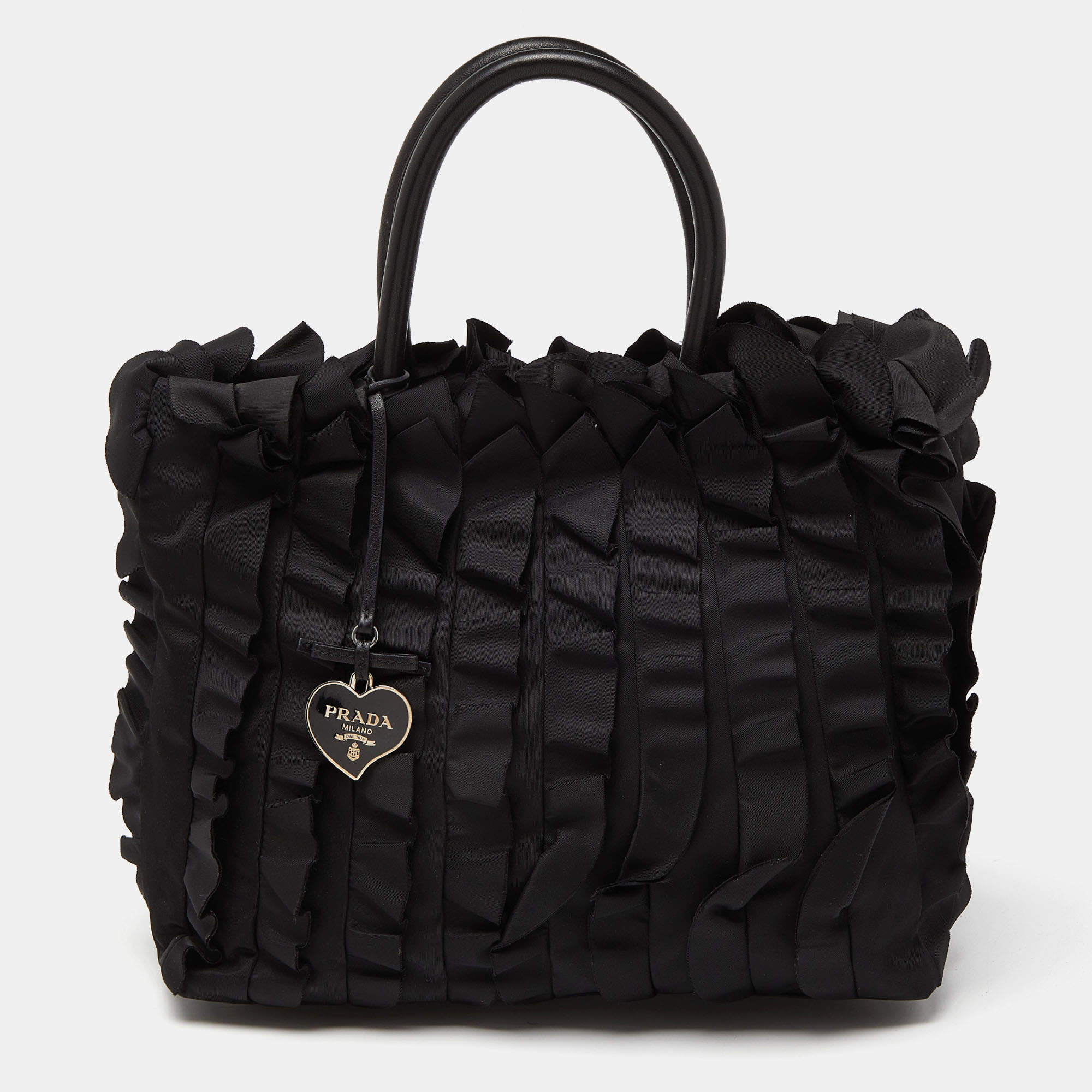 Prada Black Nylon and Leather Ruffle Tote