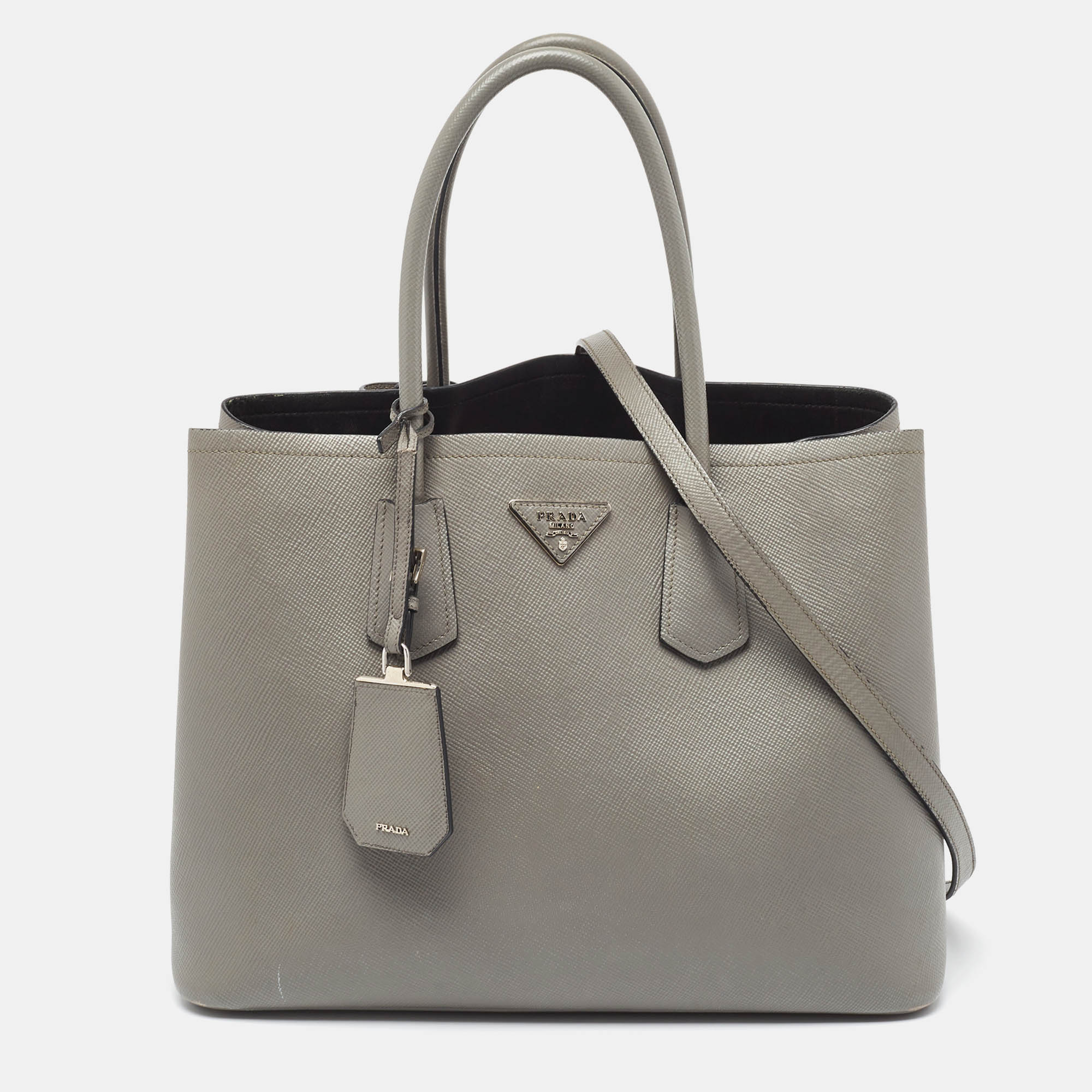 Pre Owned Prada Grey Saffiano Cuir Leather Large Double Handle Tote