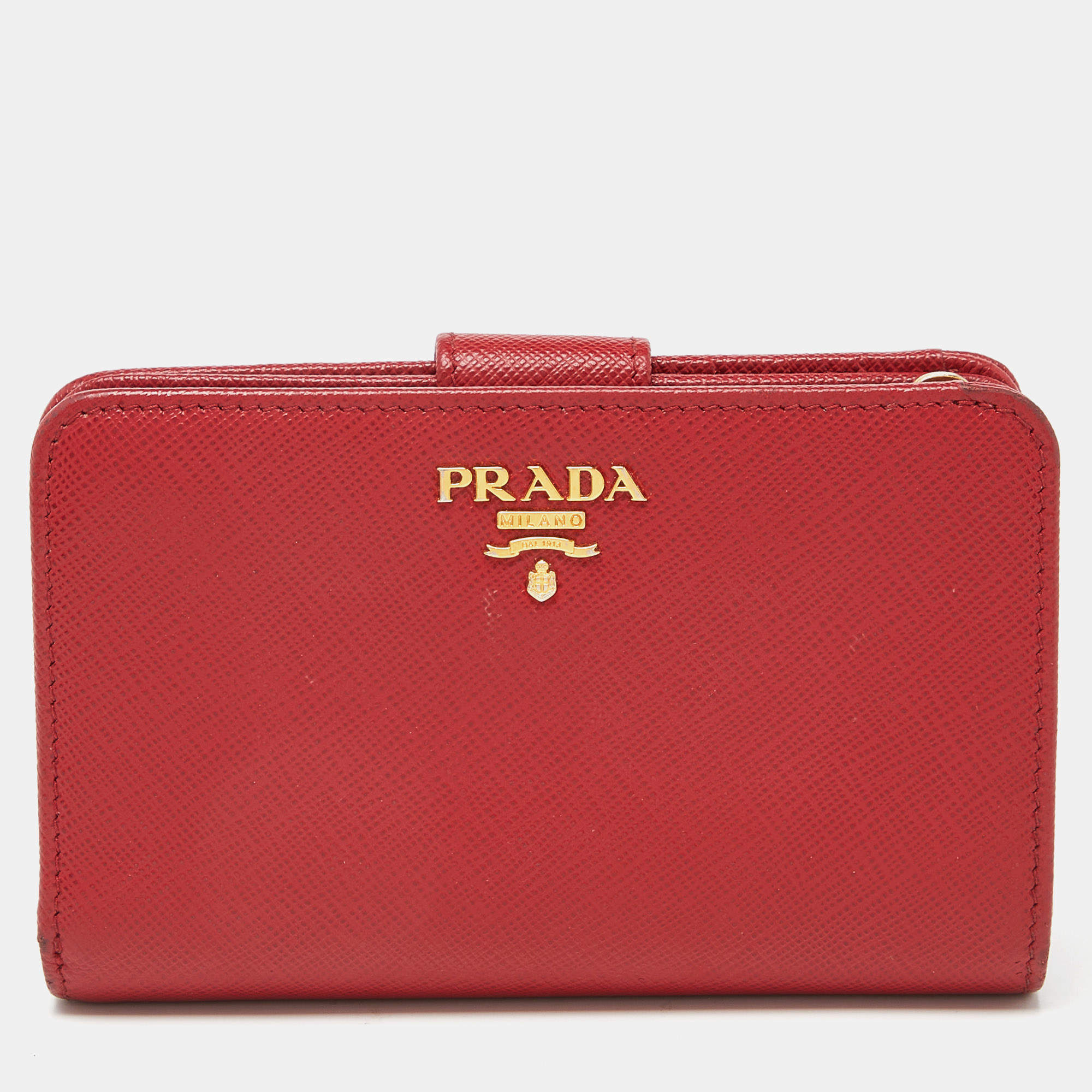 Pre Owned Prada Red Saffiano Leather Flap French Wallet