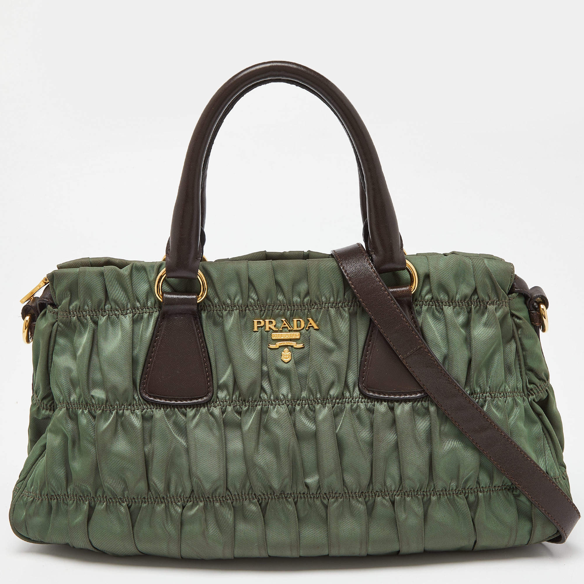 Pre Owned Prada Green/Brown Gaufre Nylon and Leather Tote