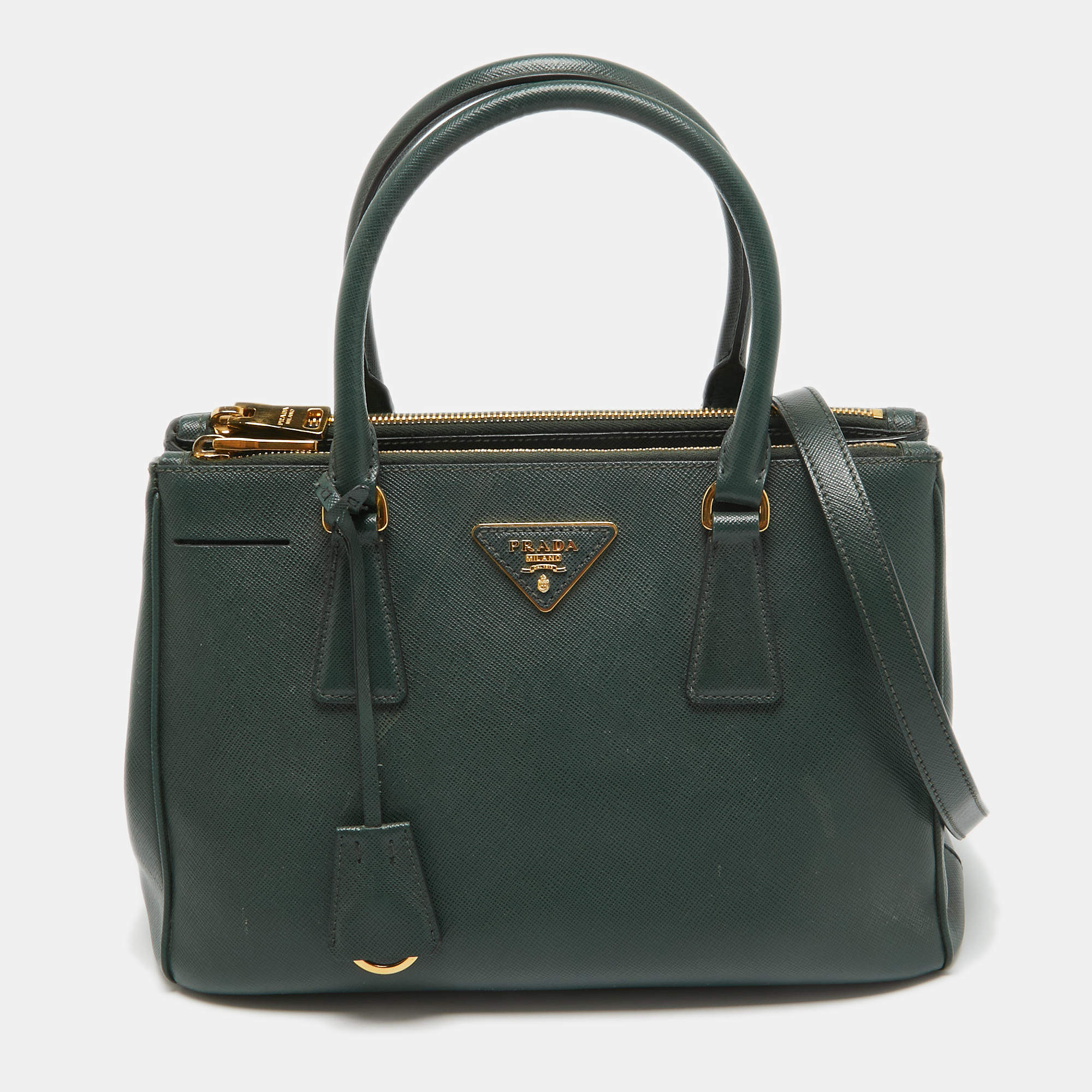 Pre Owned Prada Dark Green Saffiano Leather Small Double Zip Tote