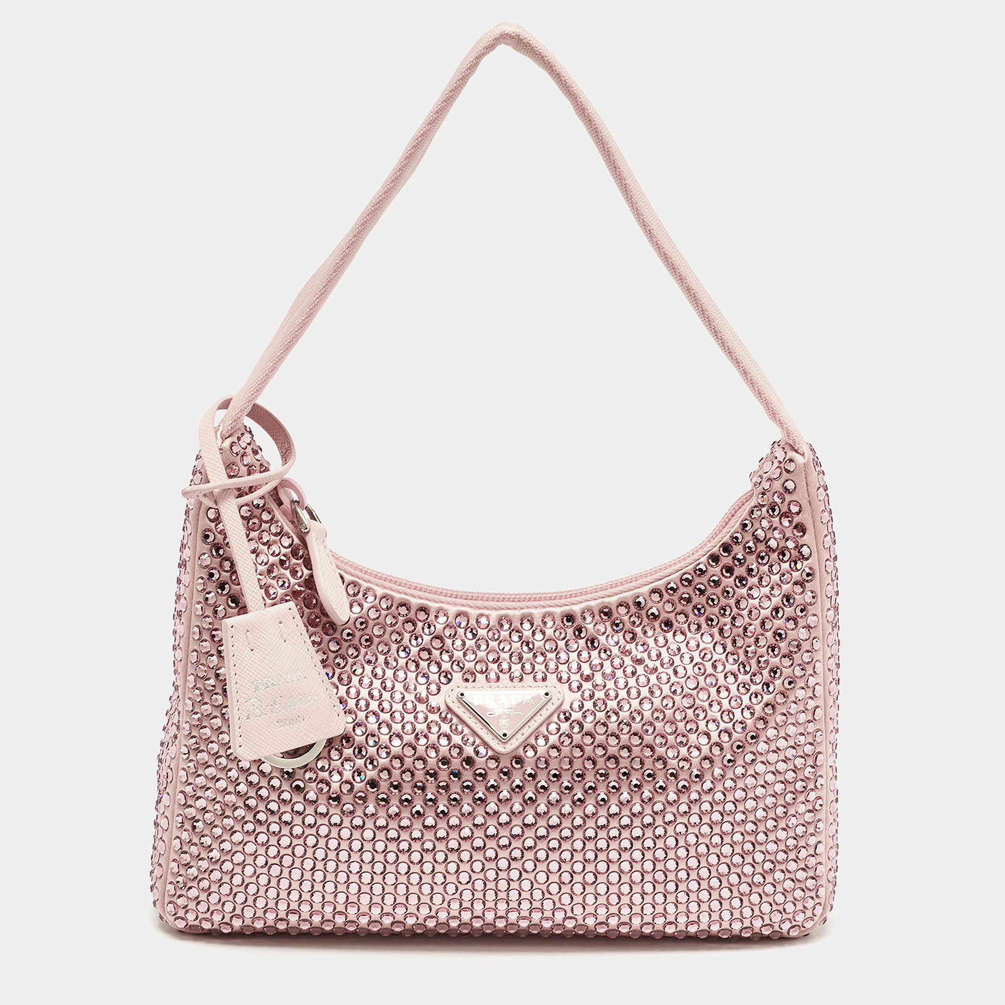 Pre Owned Prada Light Pink Satin Crystals Re-Edition 2000 Baguette Bag