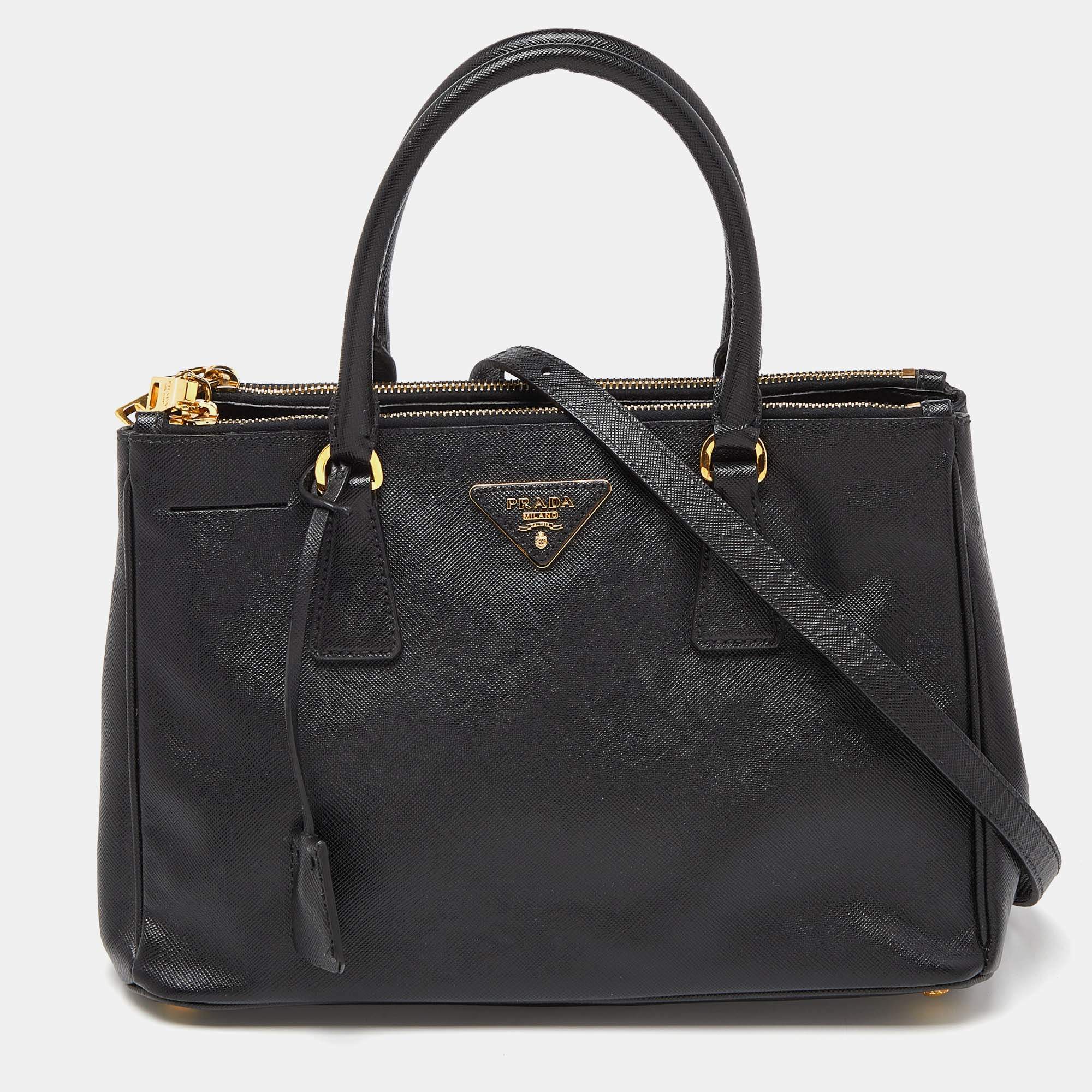 Pre Owned Prada Black Saffiano Lux Leather Small Galleria Double Zip Tote with Wallet