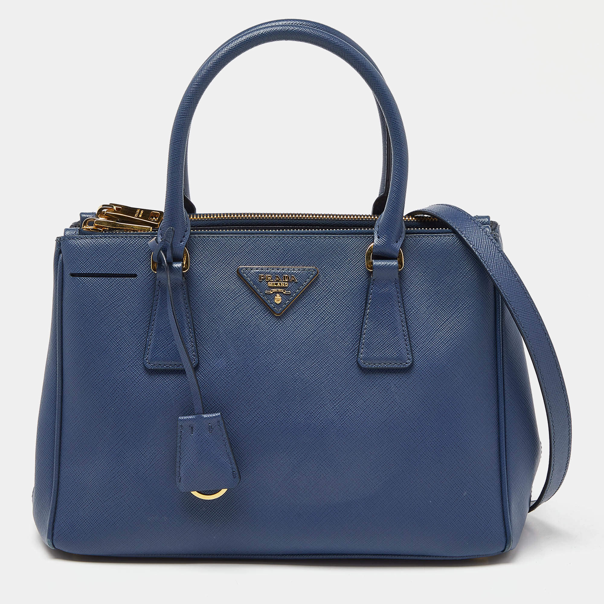 Pre Owned Prada Blue Saffiano Leather Small Galleria Double Zip Tote