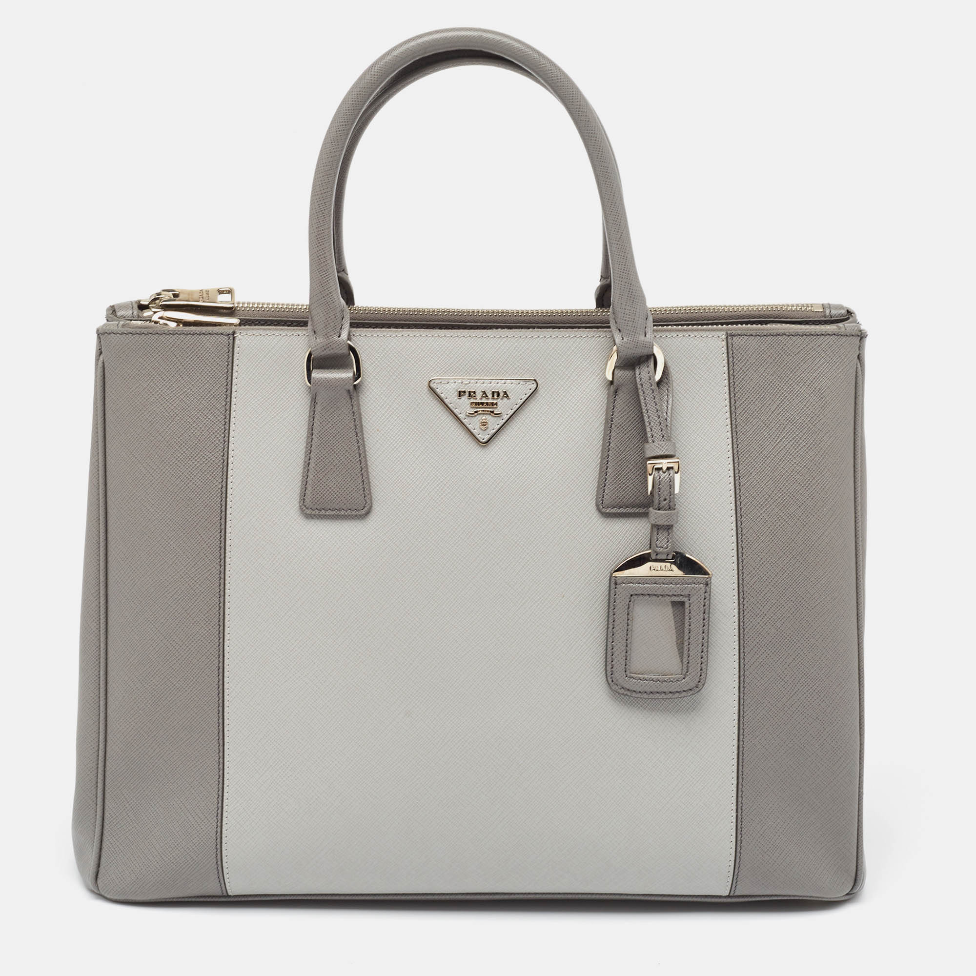 Pre Owned Prada Two Tone Grey Saffiano Leather Large Double Zip Tote