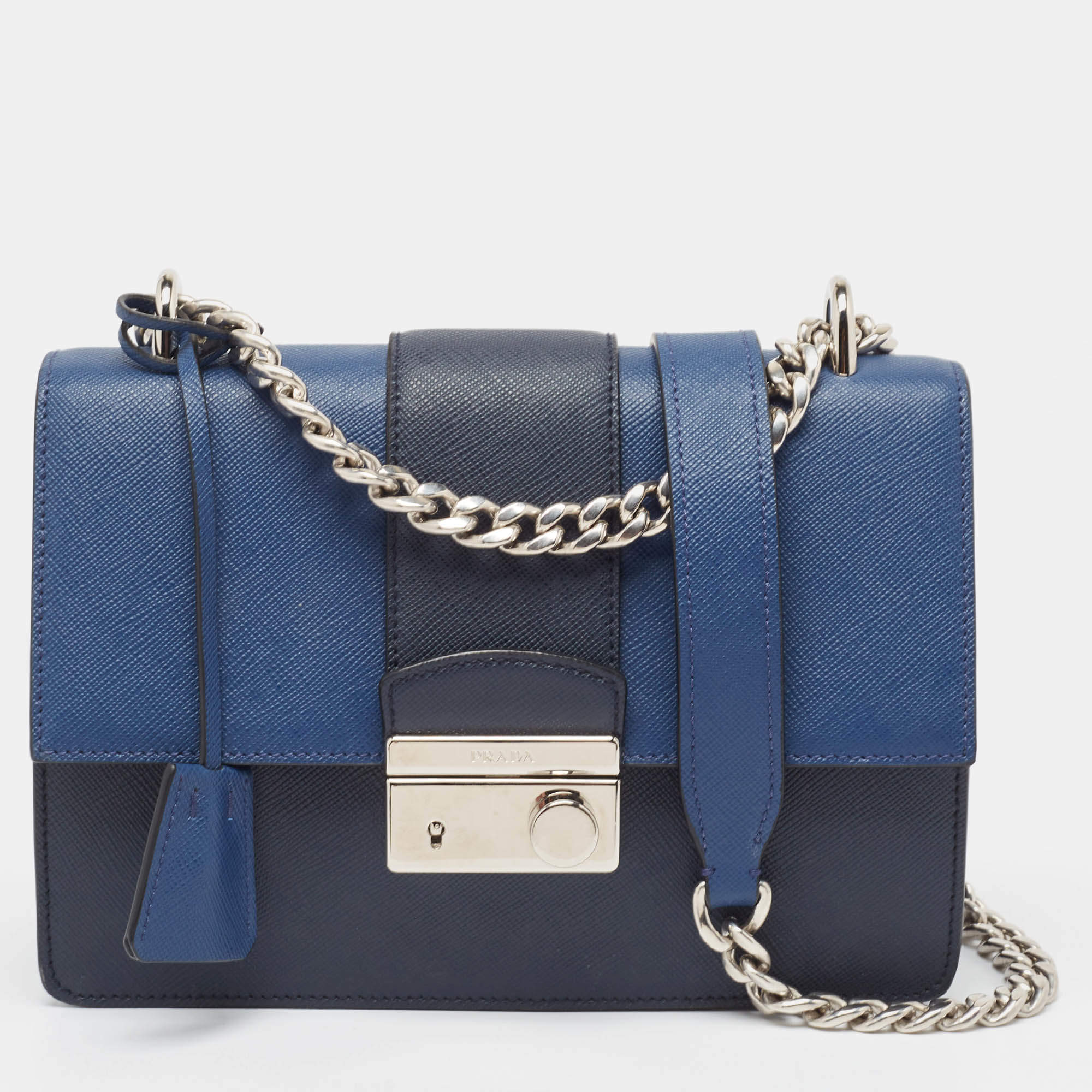 Pre Owned Prada Two Tone Blue Saffiano 1 Leather Sound Flap Chain Shoulder Bag
