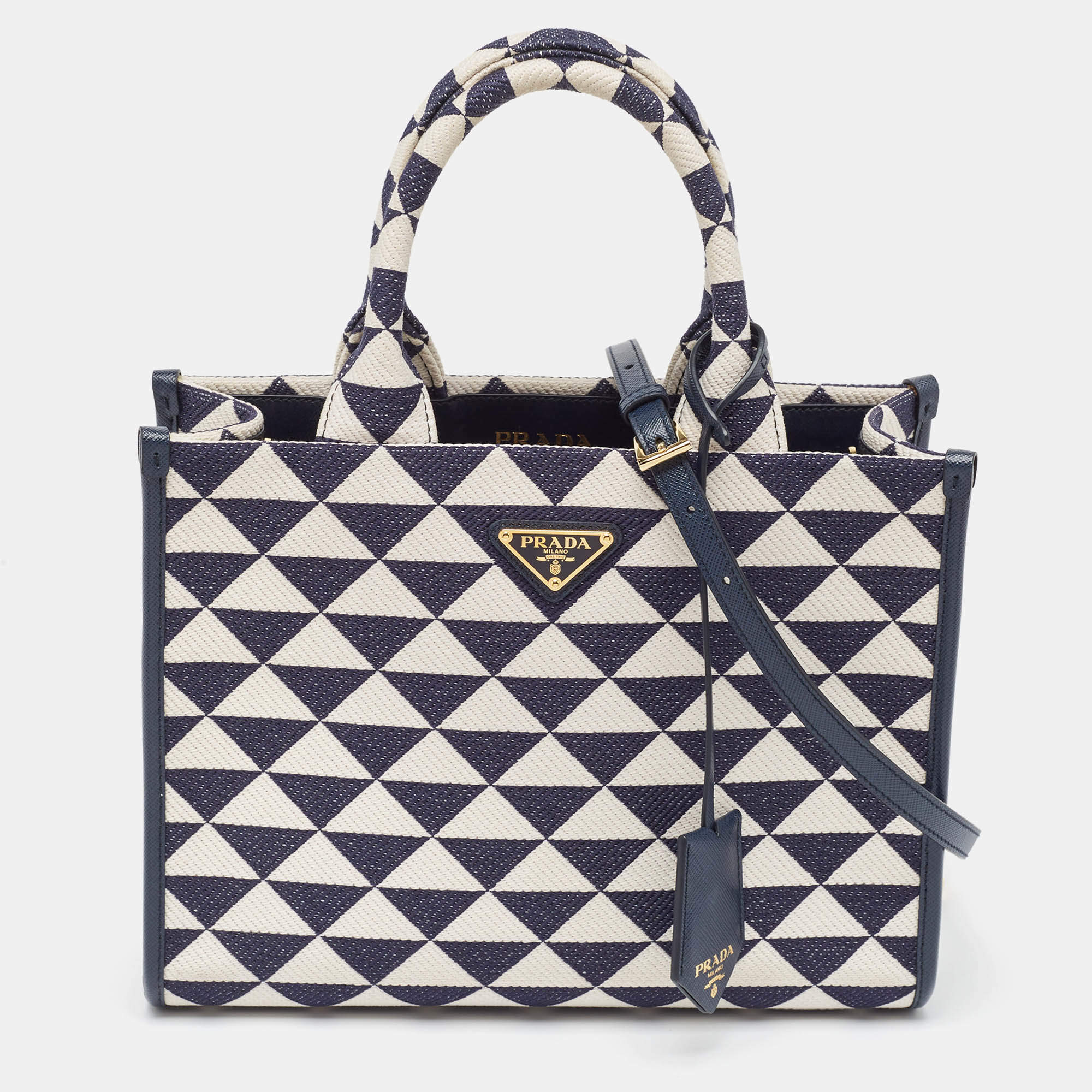 Pre Owned Prada Baltic Blue/Chalk White Embroidered Fabric Small Symbole Tote