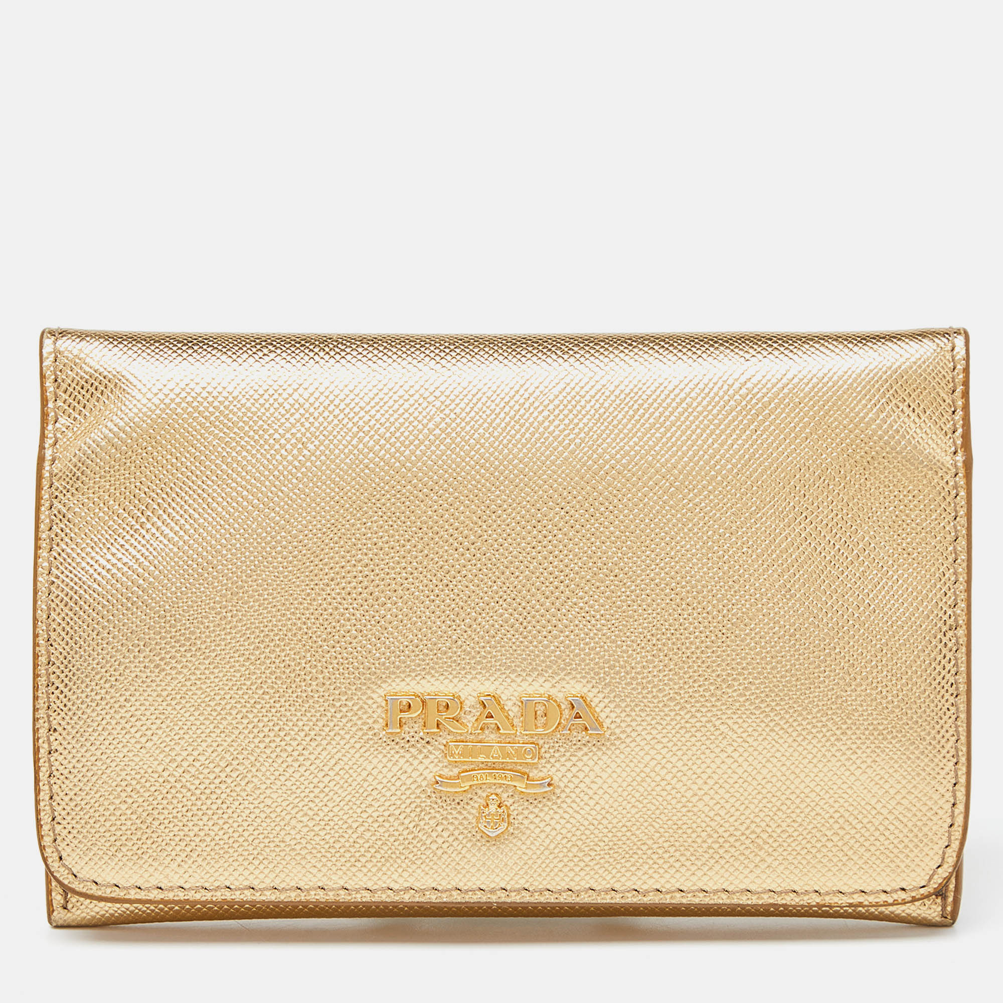 Pre Owned Prada Gold Saffiano Leather Business Card Case