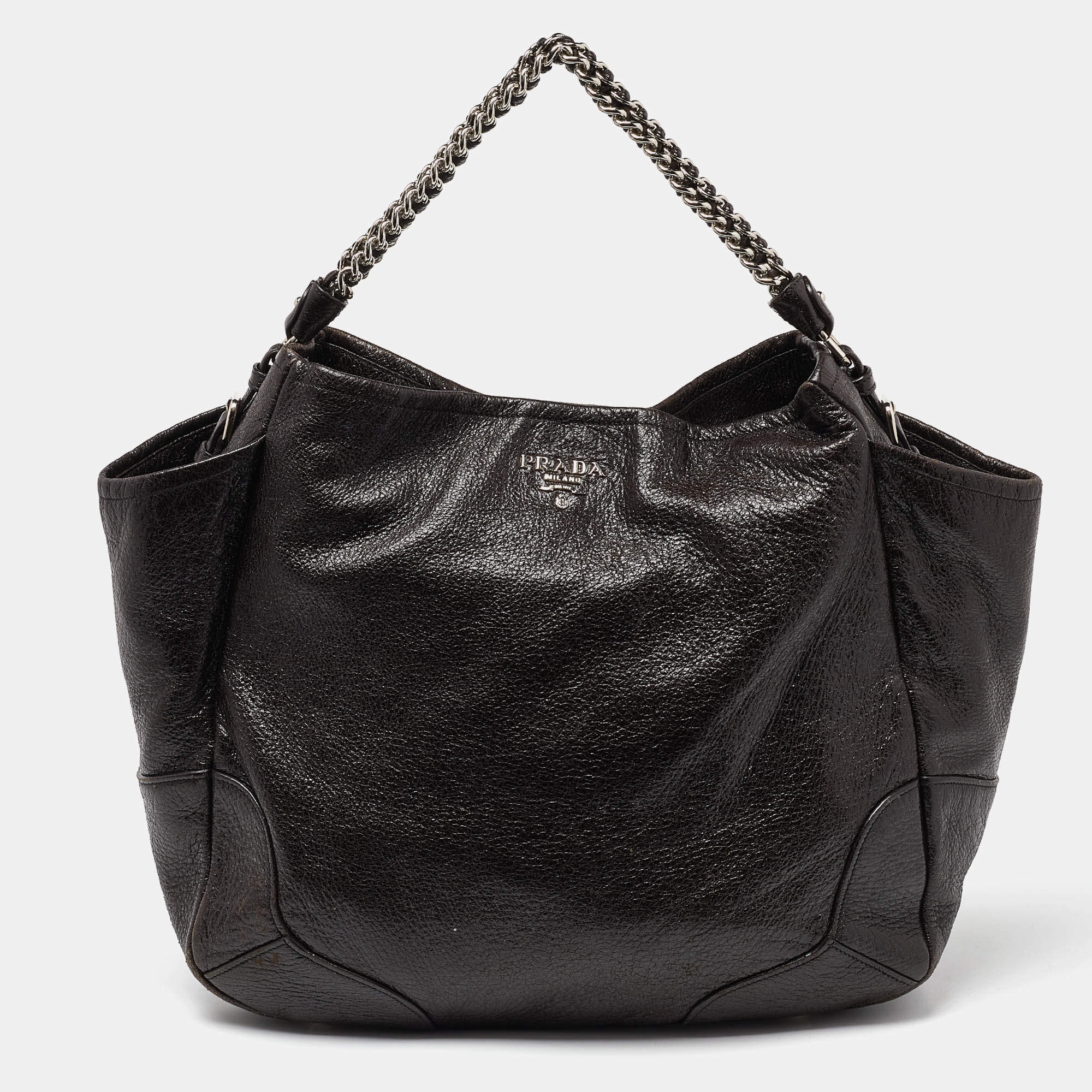 Pre Owned Prada Brown Cervo Leather Chain Hobo