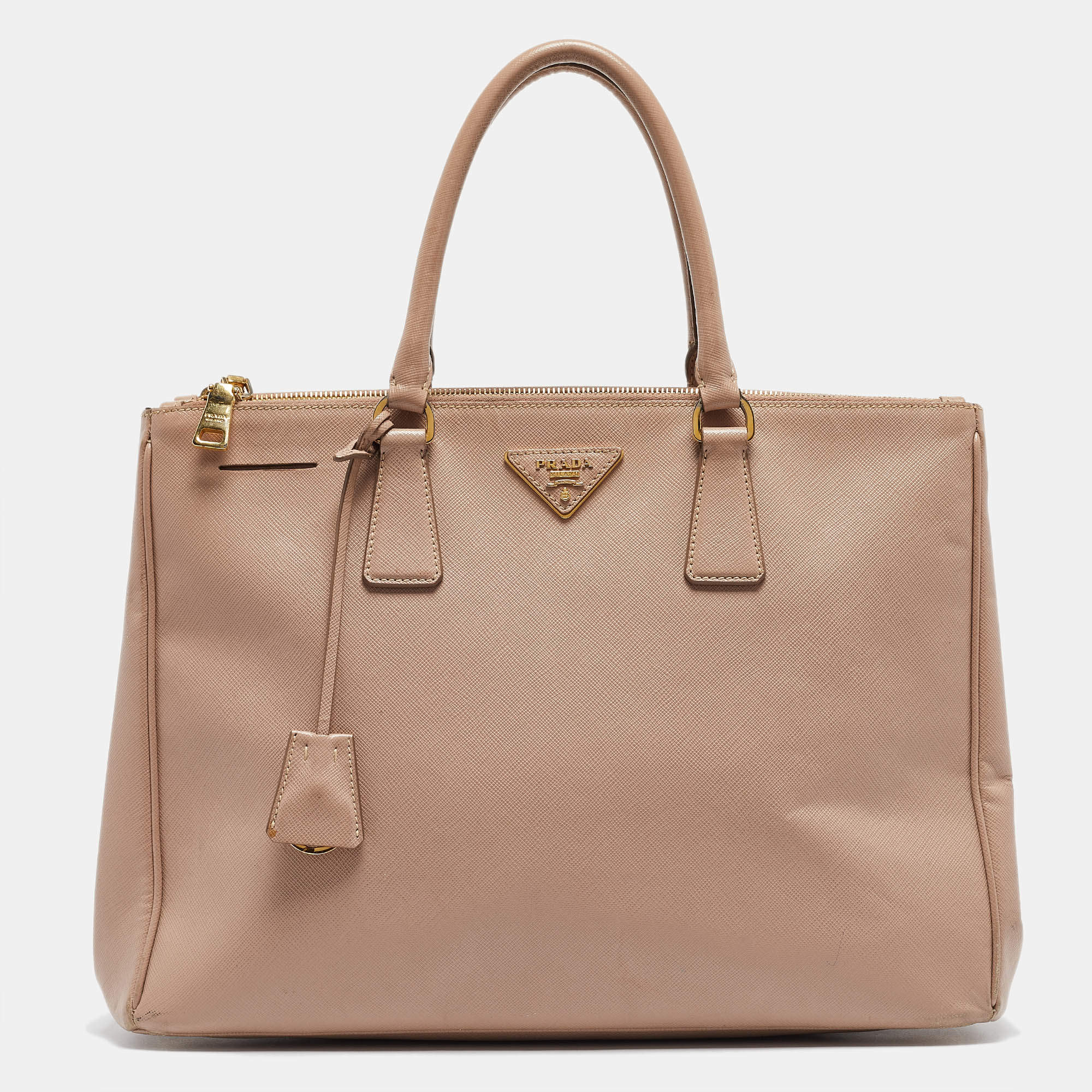 Pre Owned Prada Light Pink Saffiano Lux Leather Large Double Zip Tote
