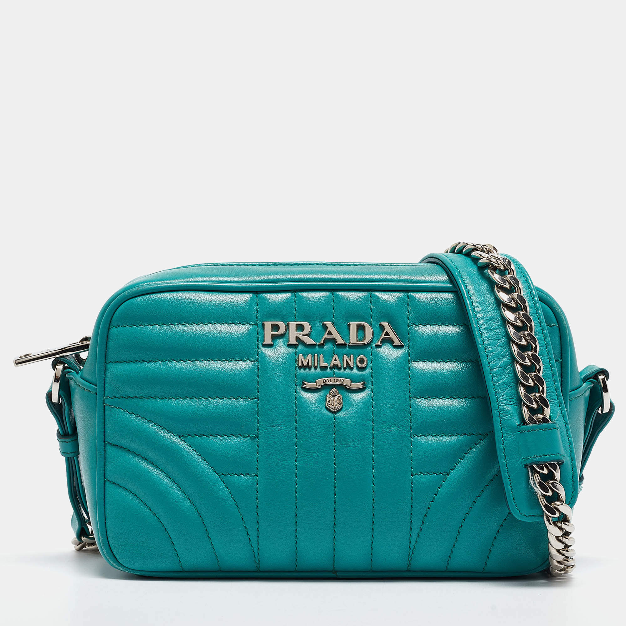 Pre Owned Prada Green Leather Diagramme Camera Shoulder Bag