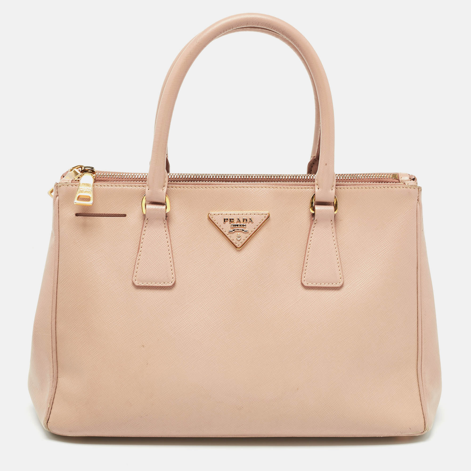 Pre Owned Prada Light Pink Saffiano Lux Leather Small Double Zip Tote