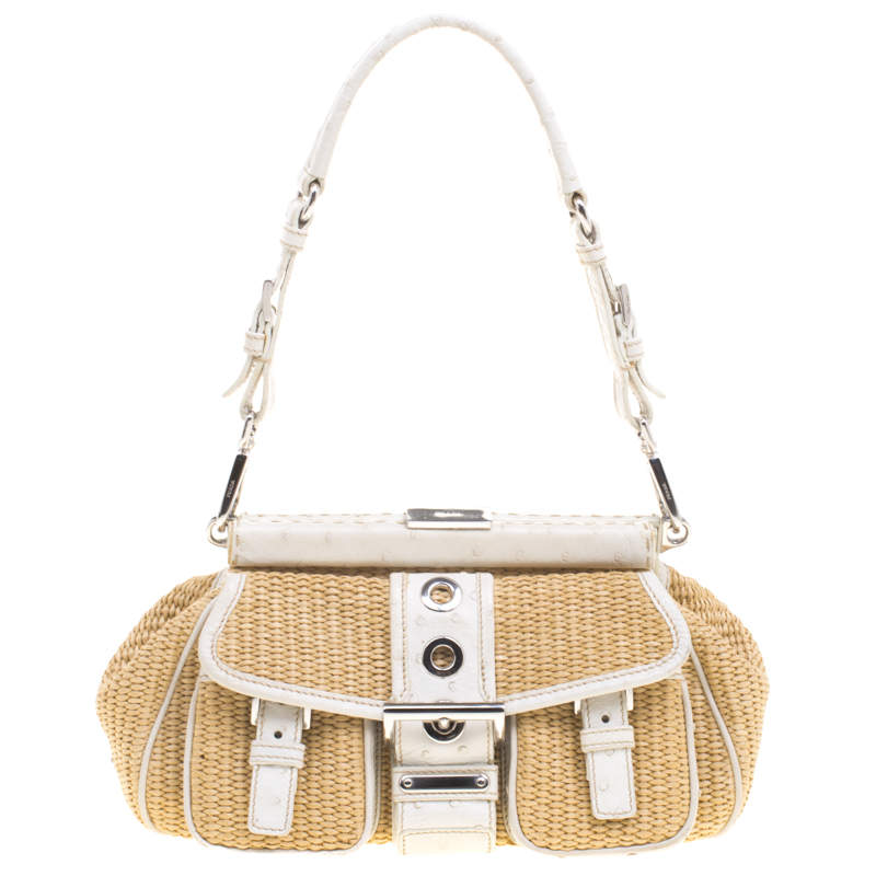 Pre Owned Prada Beige/Off White Raffia and Ostrich Leather Frame Satchel