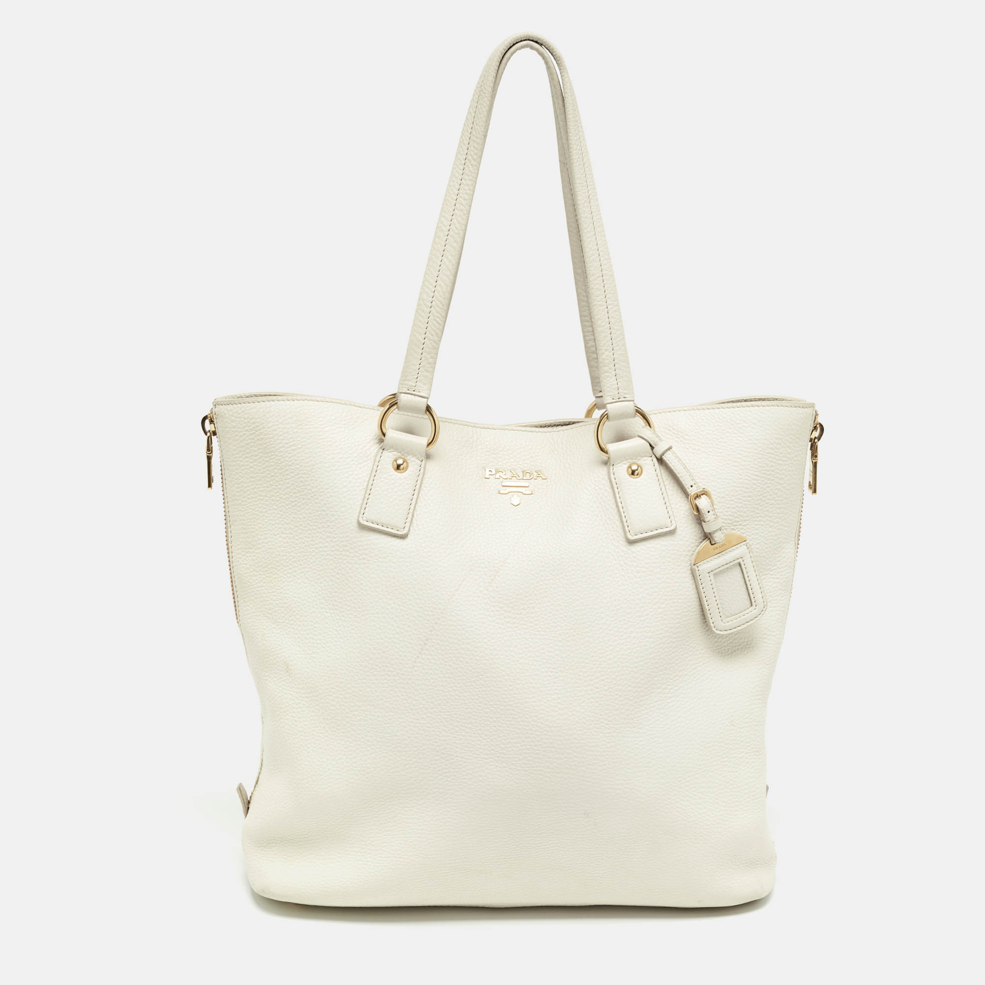 Pre Owned Prada White Vitello Daino Leather Side Zip Tote