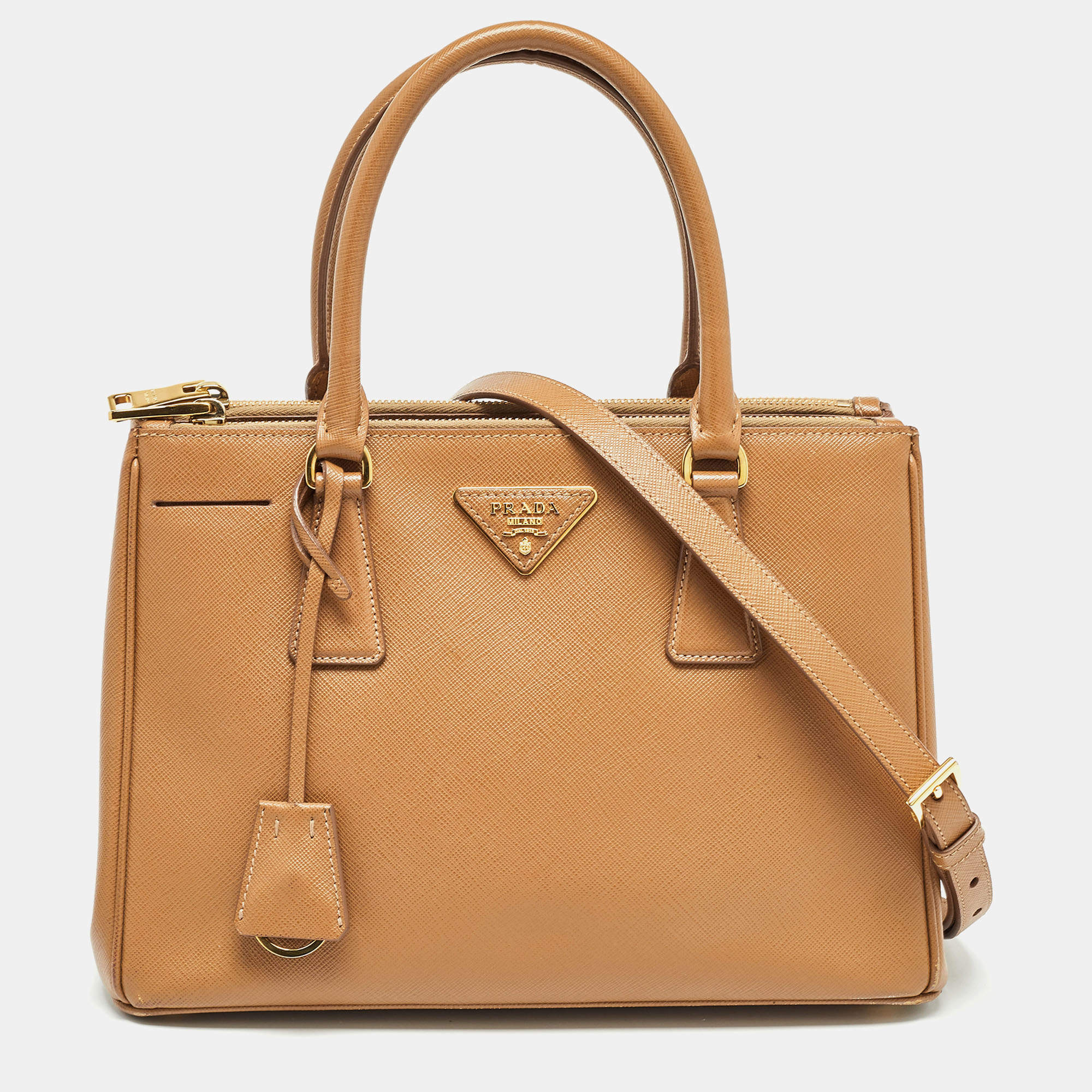 Pre Owned Prada Caramel Saffiano Lux Leather Small Galleria Double Zip Tote