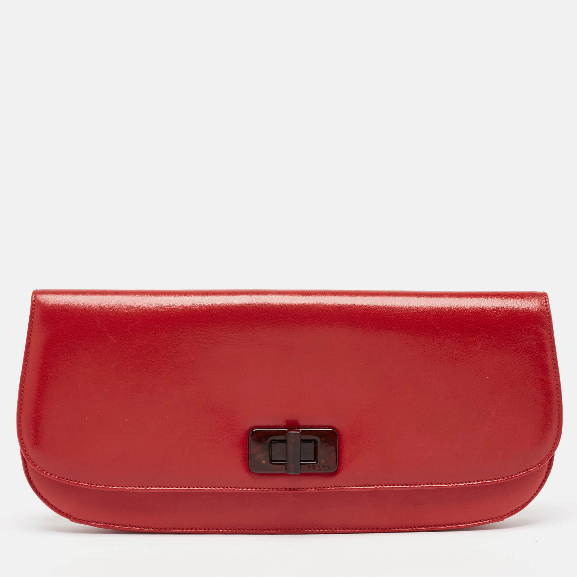 Pre Owned Prada Red Leather Turnlock Flap Clutch
