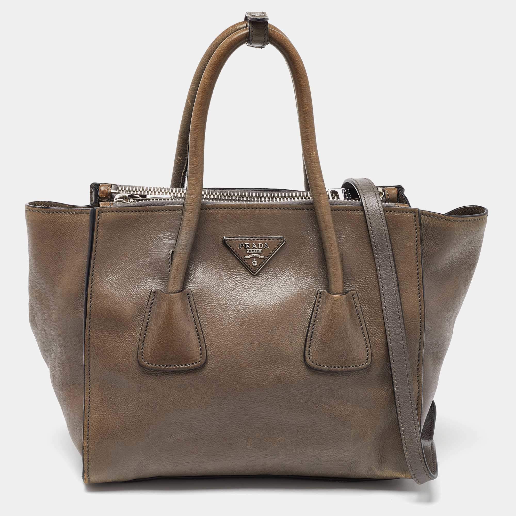Pre Owned Prada Grey Leather Double Handle Tote
