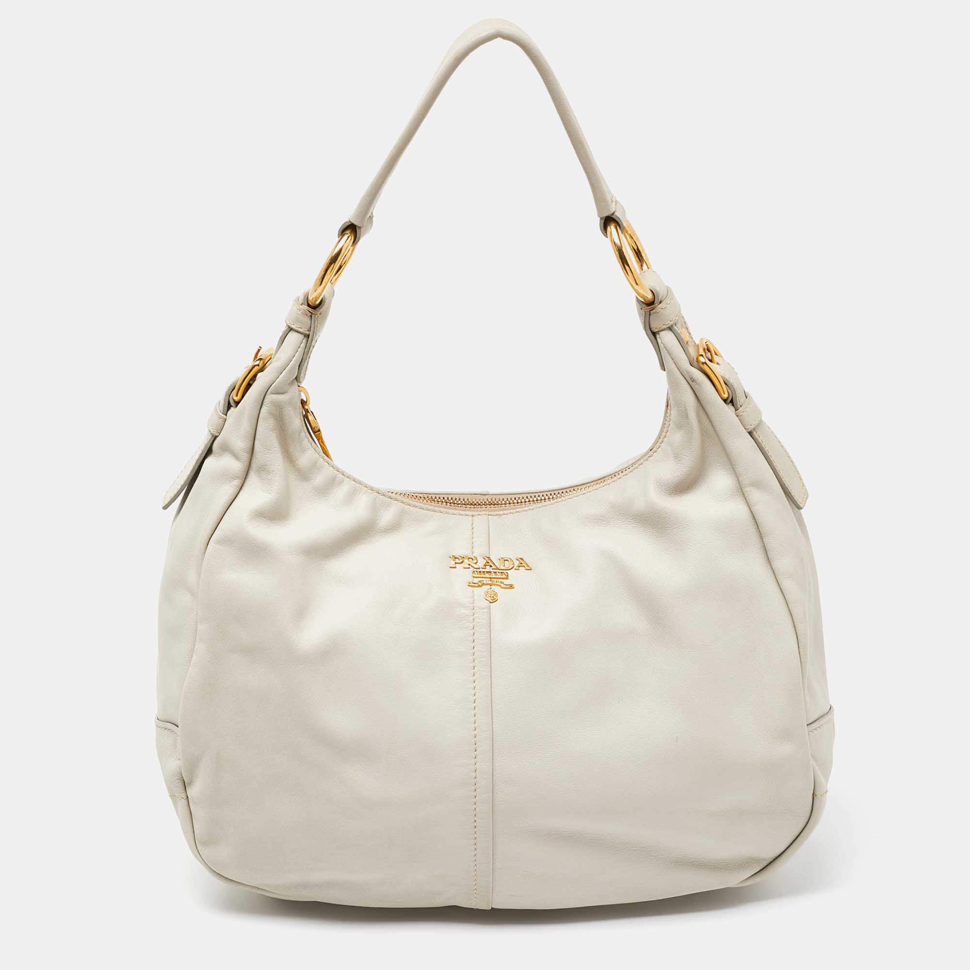 Prada Off White Vitello Daino Leather Zip Hobo