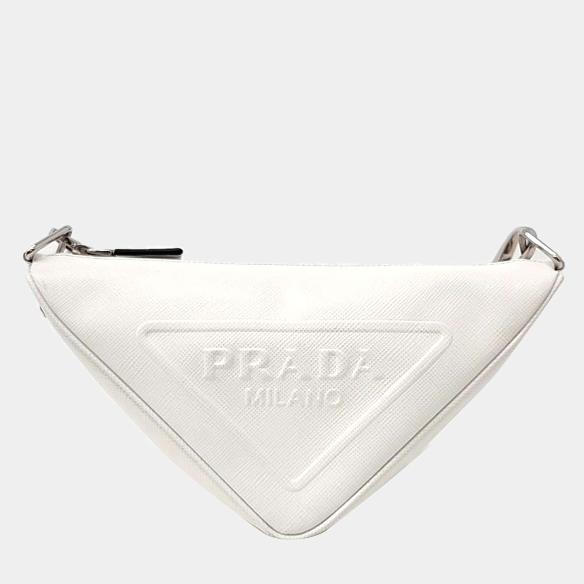 Prada White Leather Triangle Logo Shoulder Bag