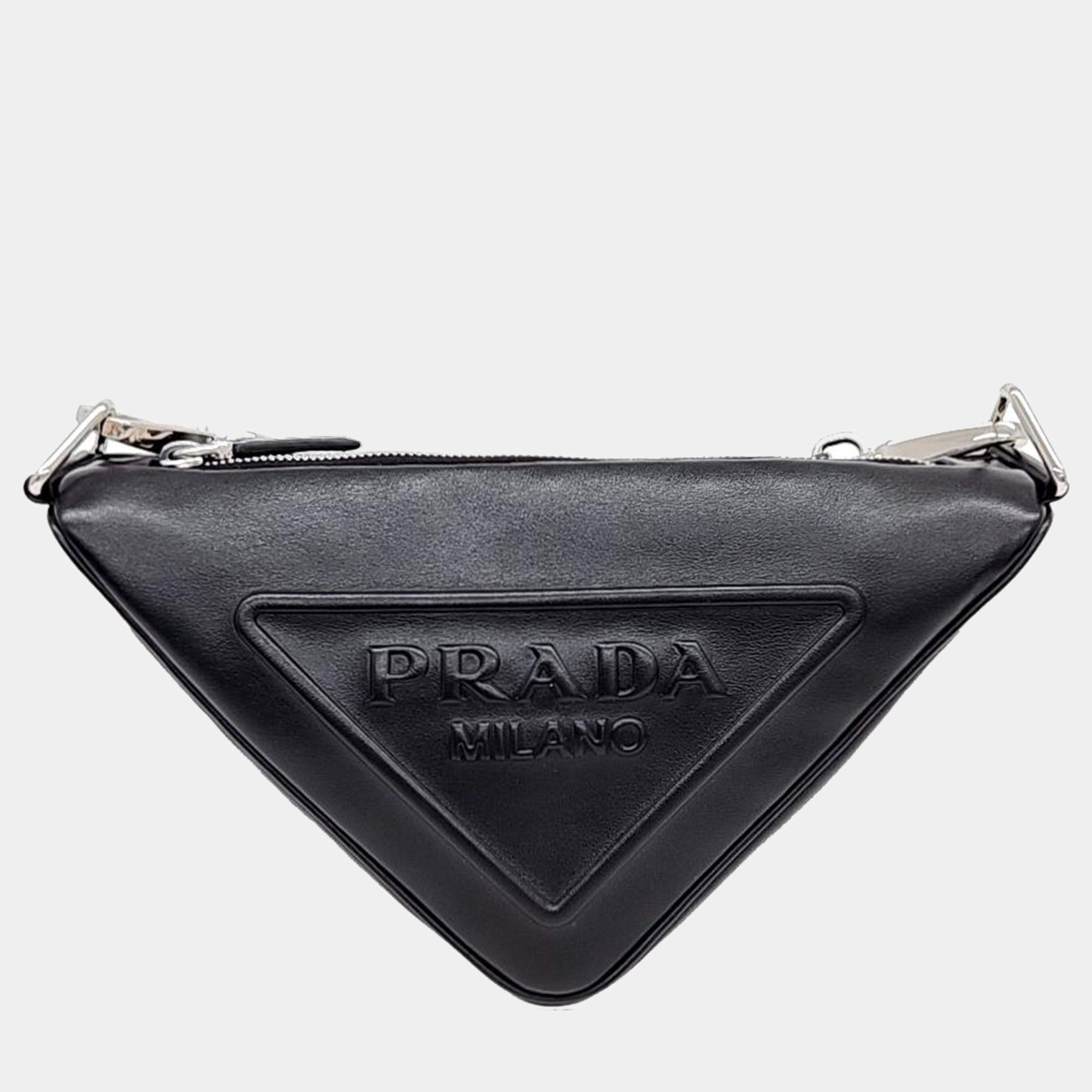 Pre Owned Prada Black Leather Triangle Logo Shoulder Bag