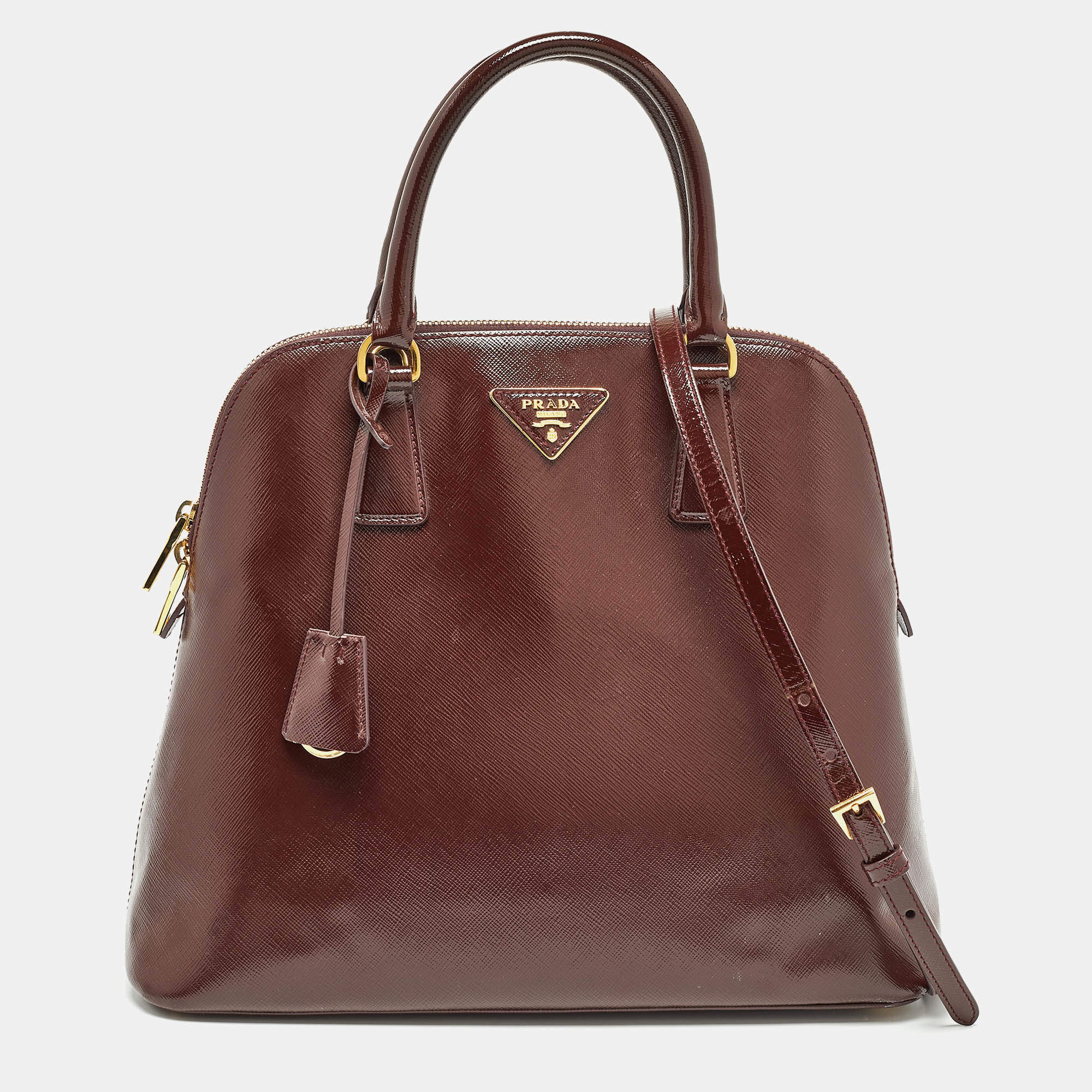 Pre Owned Prada Burgundy Saffiano Patent Leather Medium Promenade Satchel