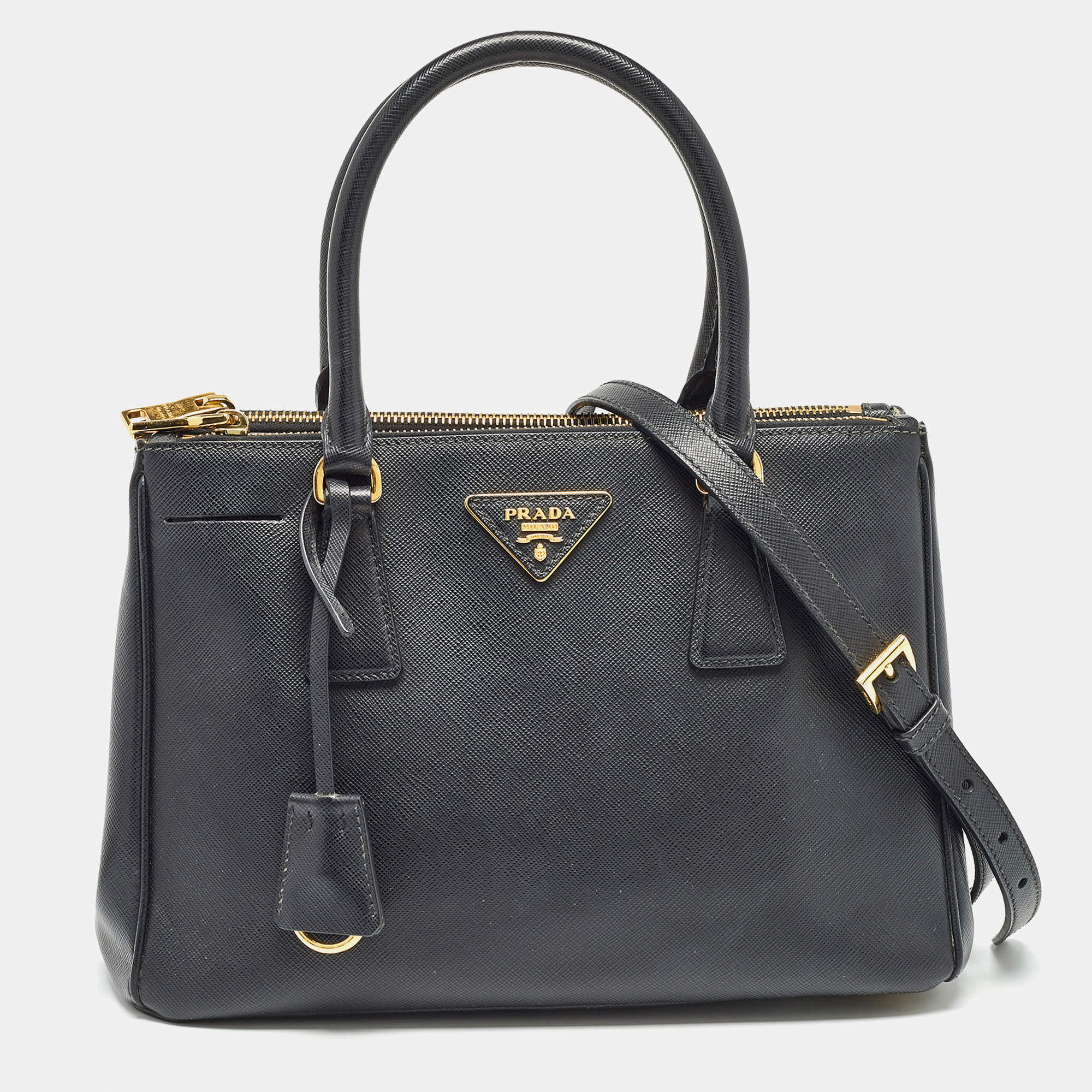 Pre Owned Prada Black Saffiano Leather Small Double Zip Tote