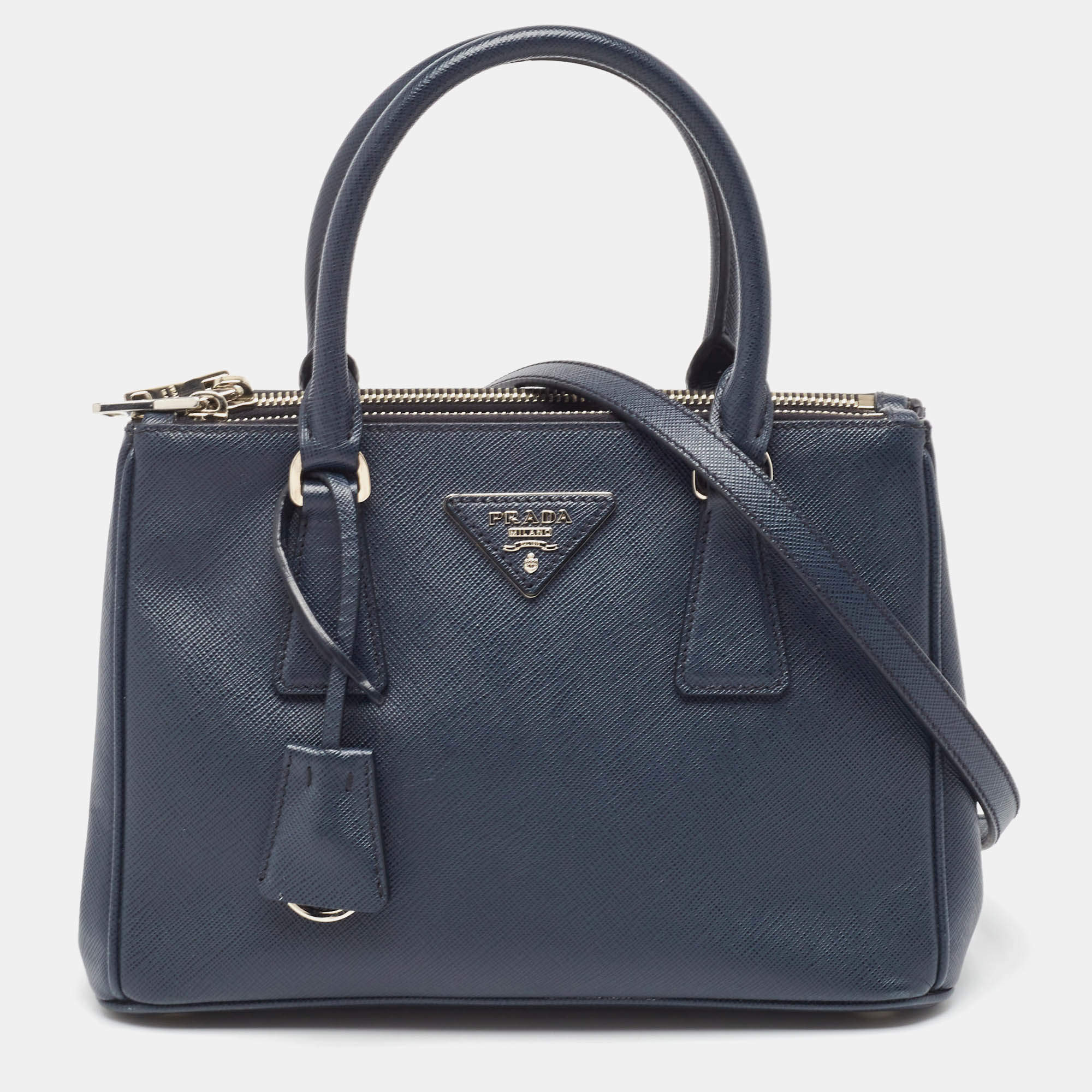 Pre Owned Prada Navy Blue Saffiano Lux Leather Small Galleria Double Zip Tote