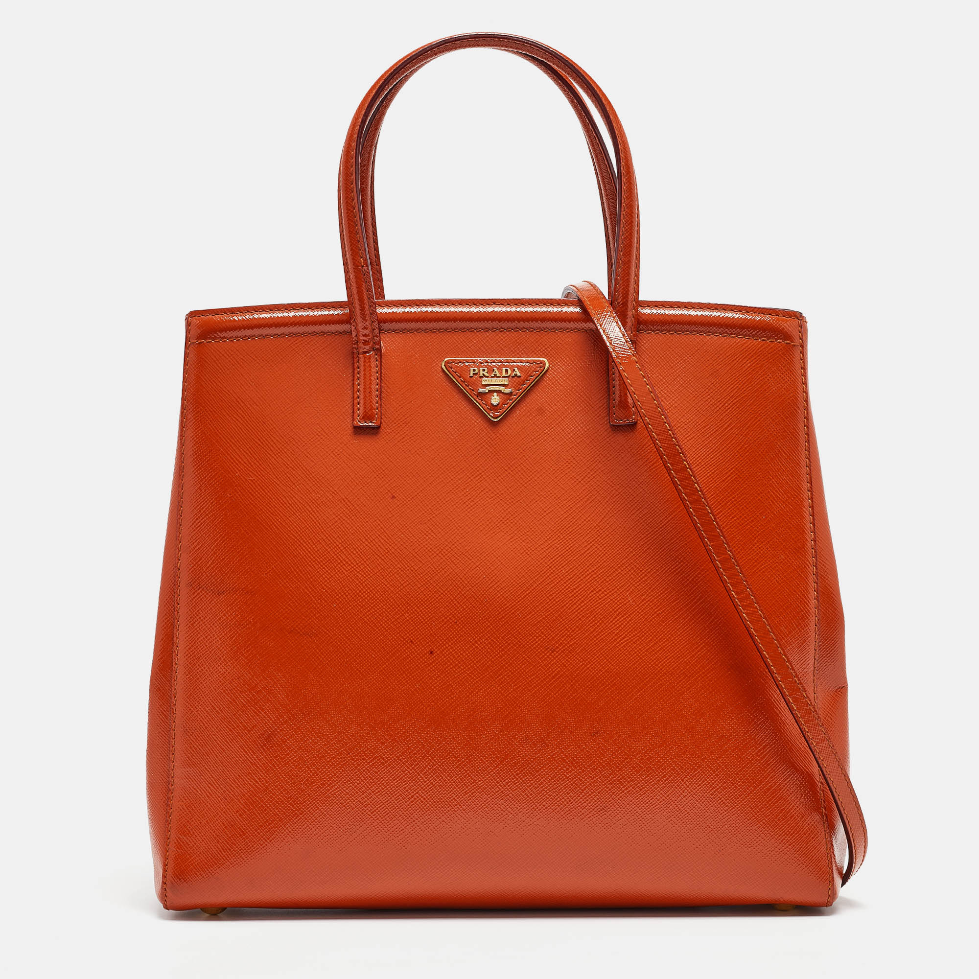 Pre Owned Prada Orange Saffiano Vernice Leather Parabole Tote