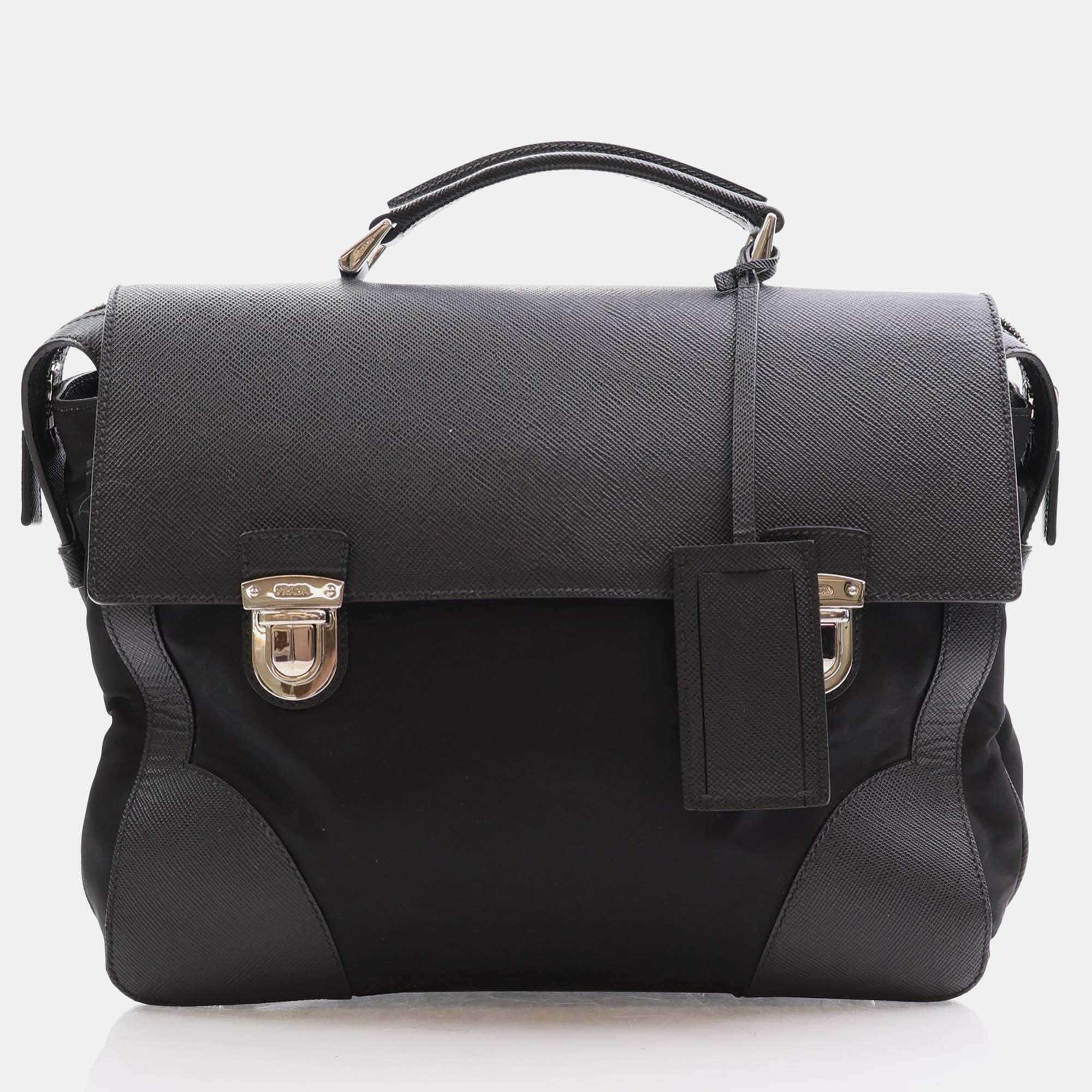 Prada Black Saffiano Trimmed Small Tessuto Flap-Top Briefcase
