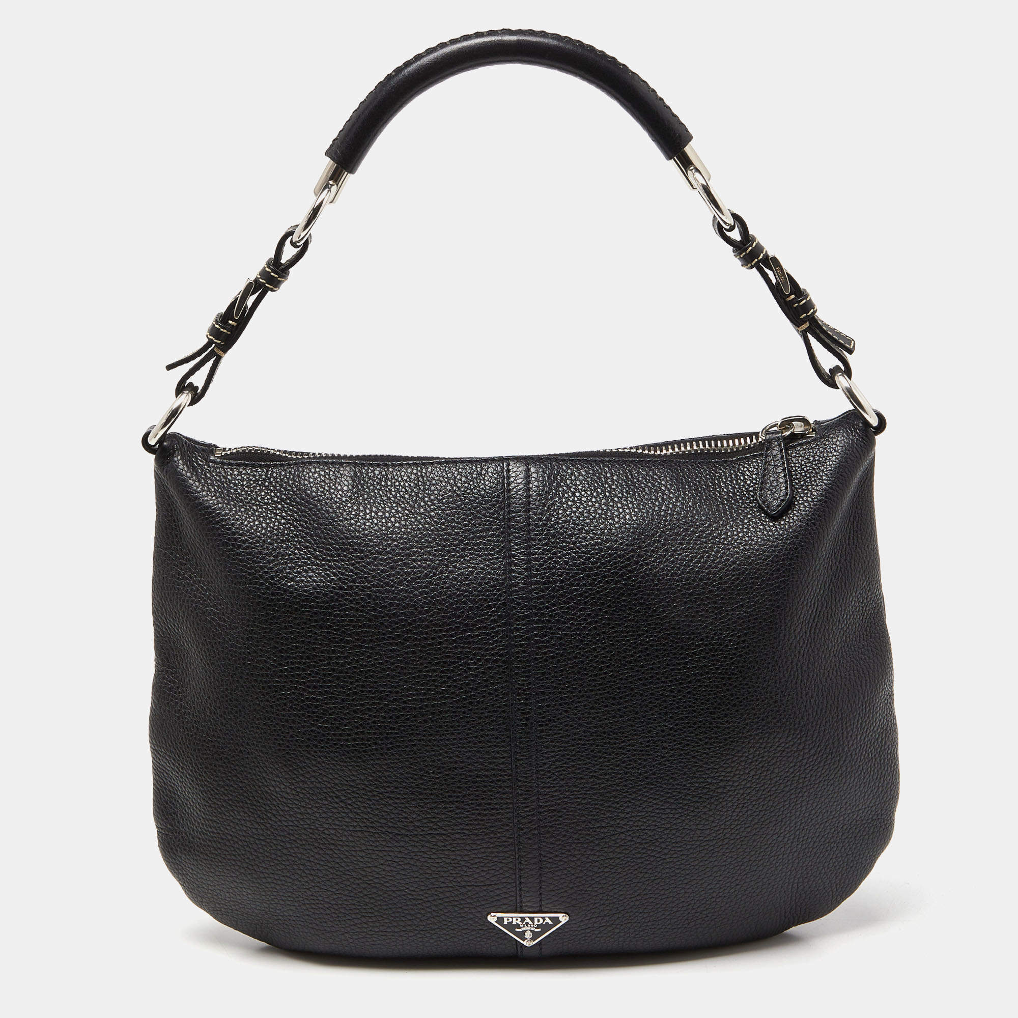 Pre Owned Prada Black Leather Logo Hobo