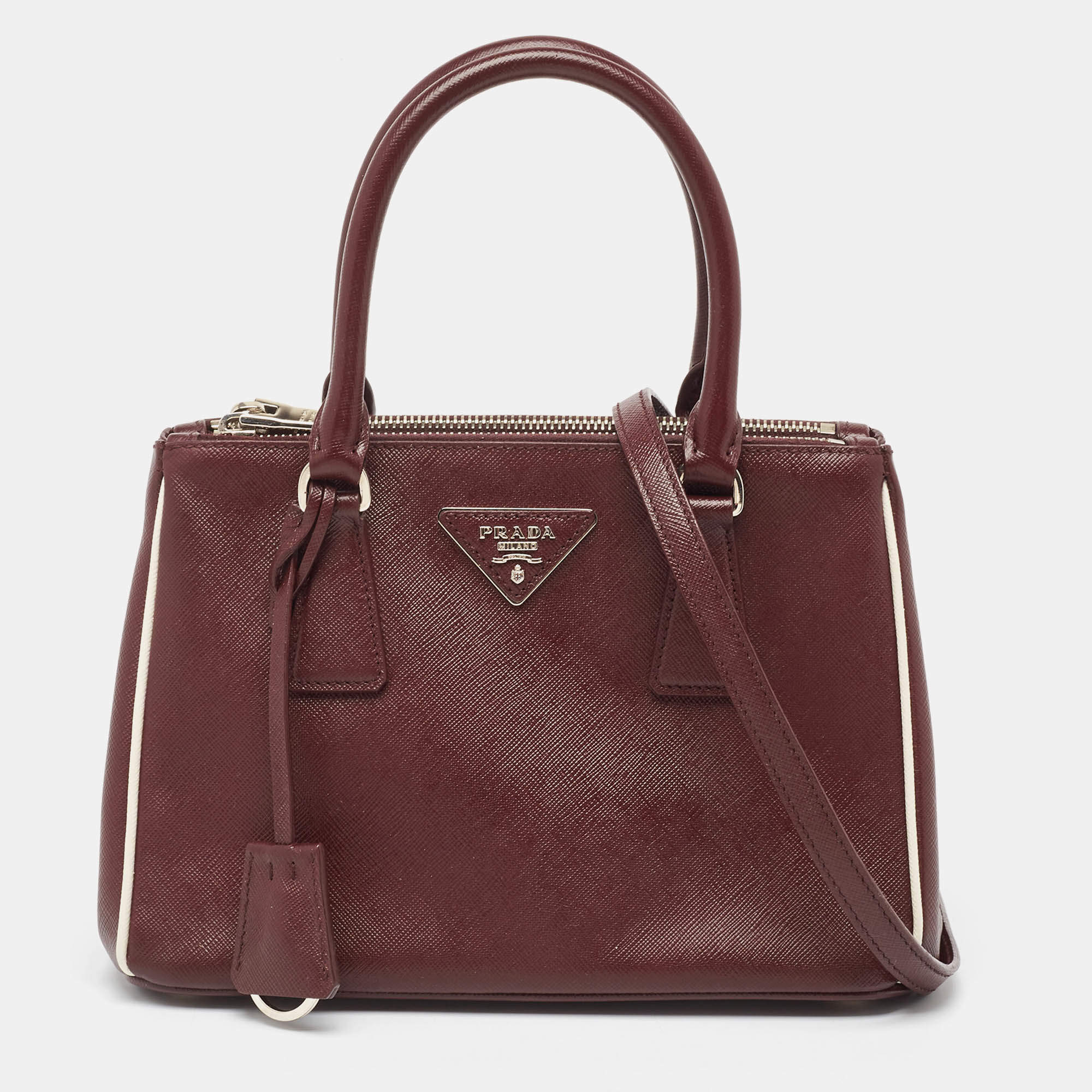 Pre Owned Prada Burgundy Saffiano Lux Leather Small Galleria Double Zip Tote