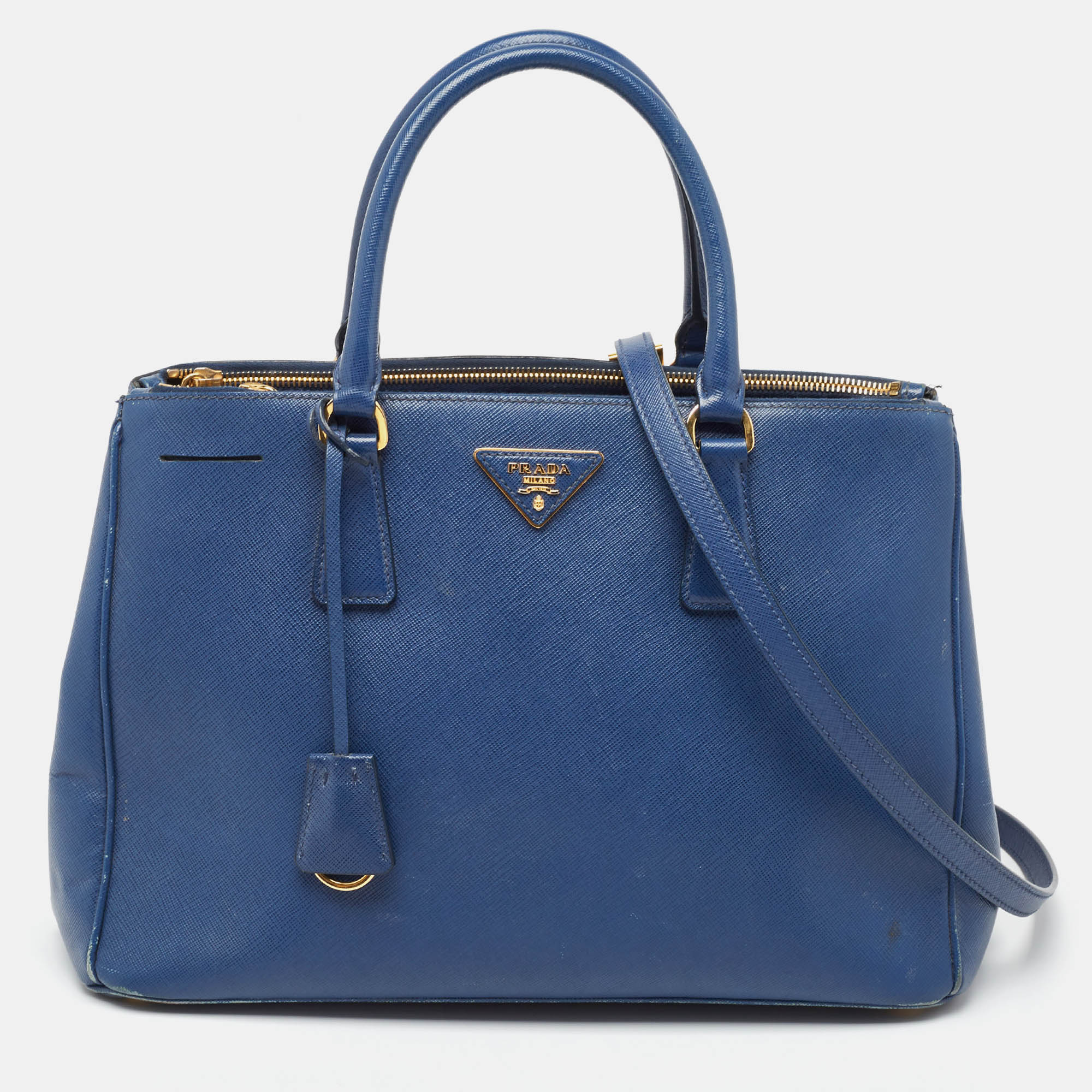 Pre Owned Prada Blue Saffiano Lux Leather Medium Double Zip Tote