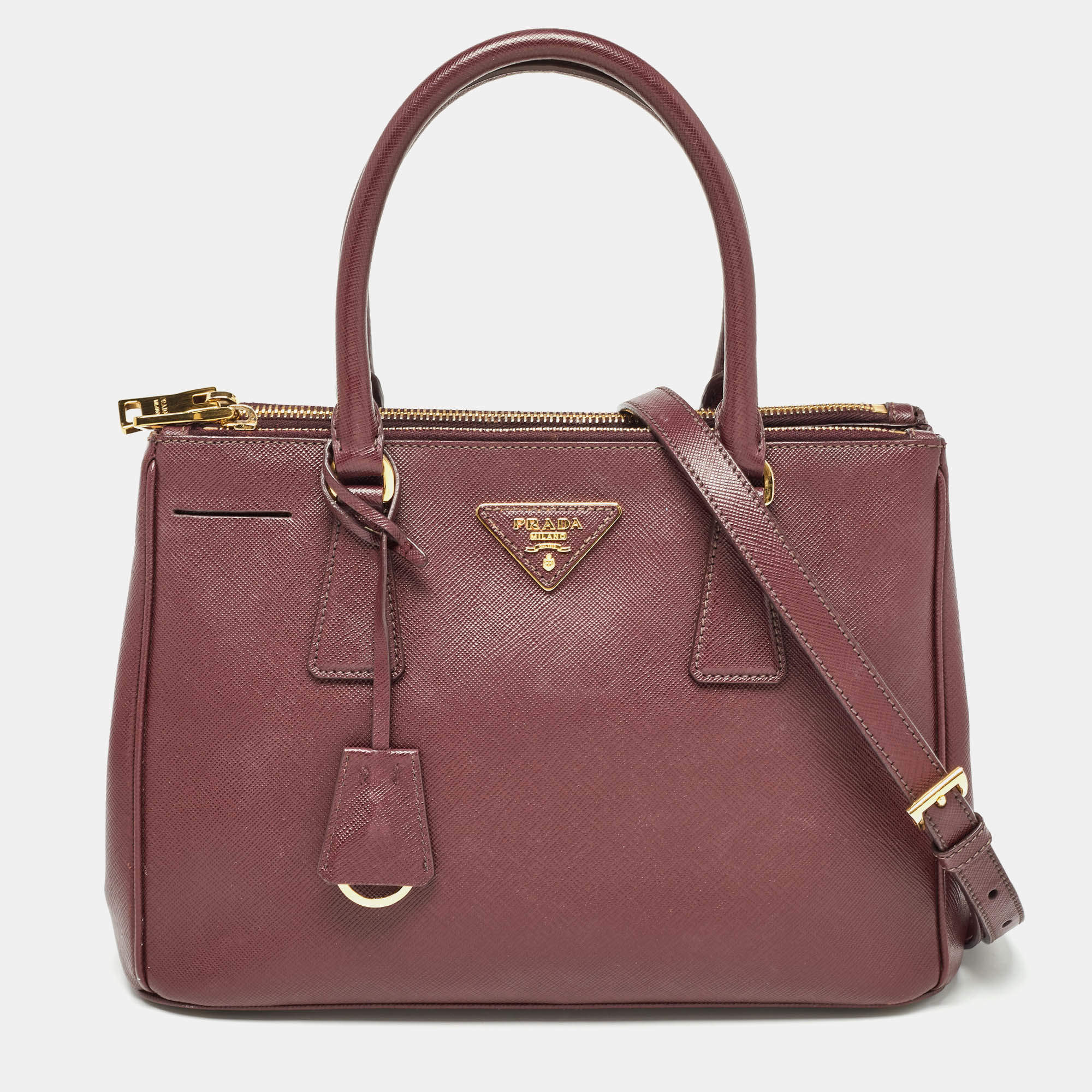 Pre Owned Prada Burgundy Saffiano Lux Leather Medium Galleria Tote