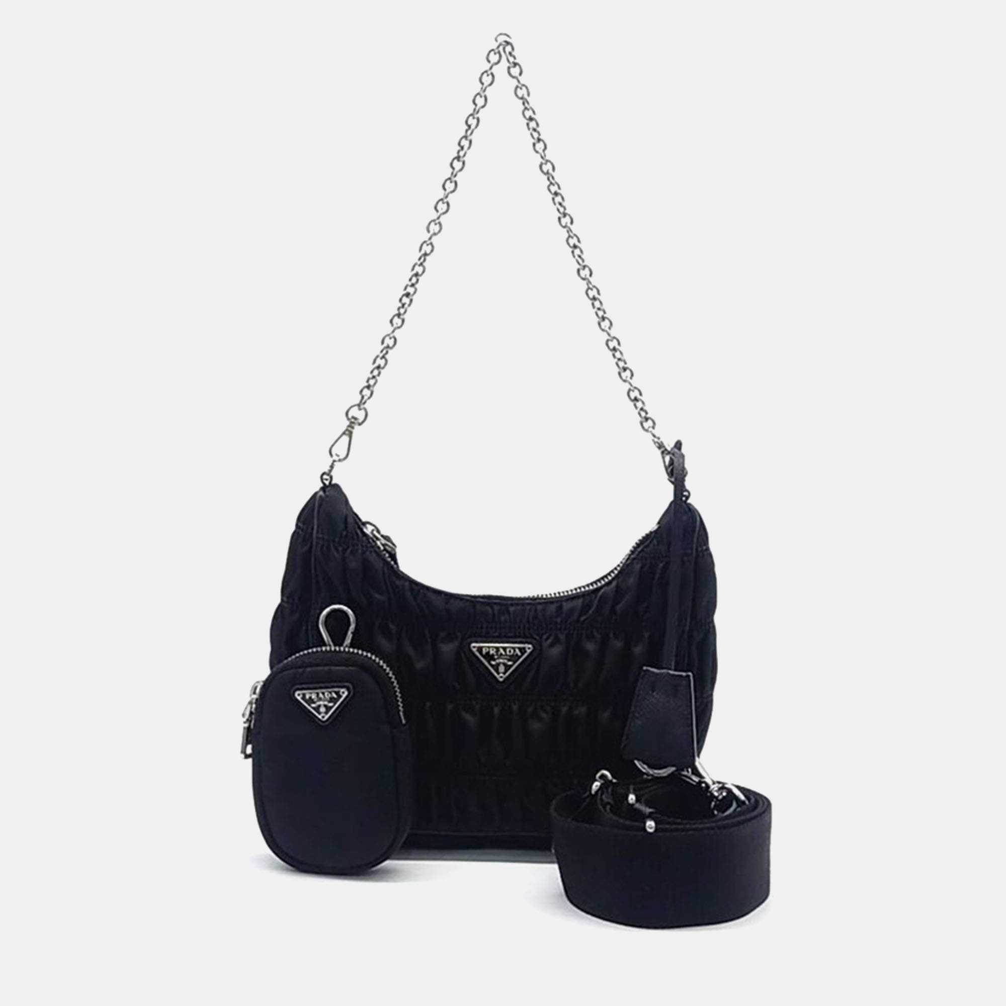 Prada Black Nappa Gaufre Tessuto Chain Hobo Bag