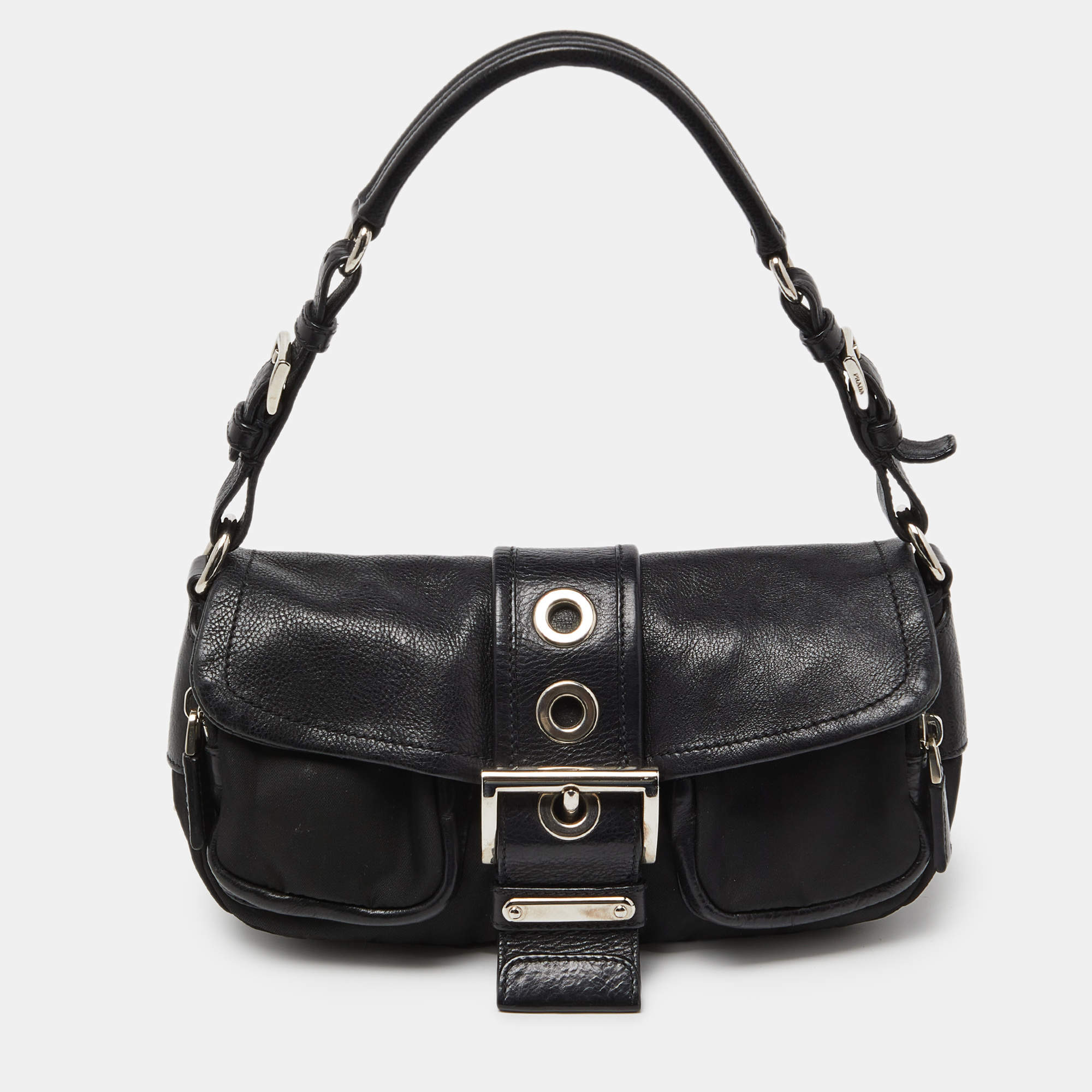 Pre Owned Prada Black Nylon and Leather Buckle Flap Baguette Bag